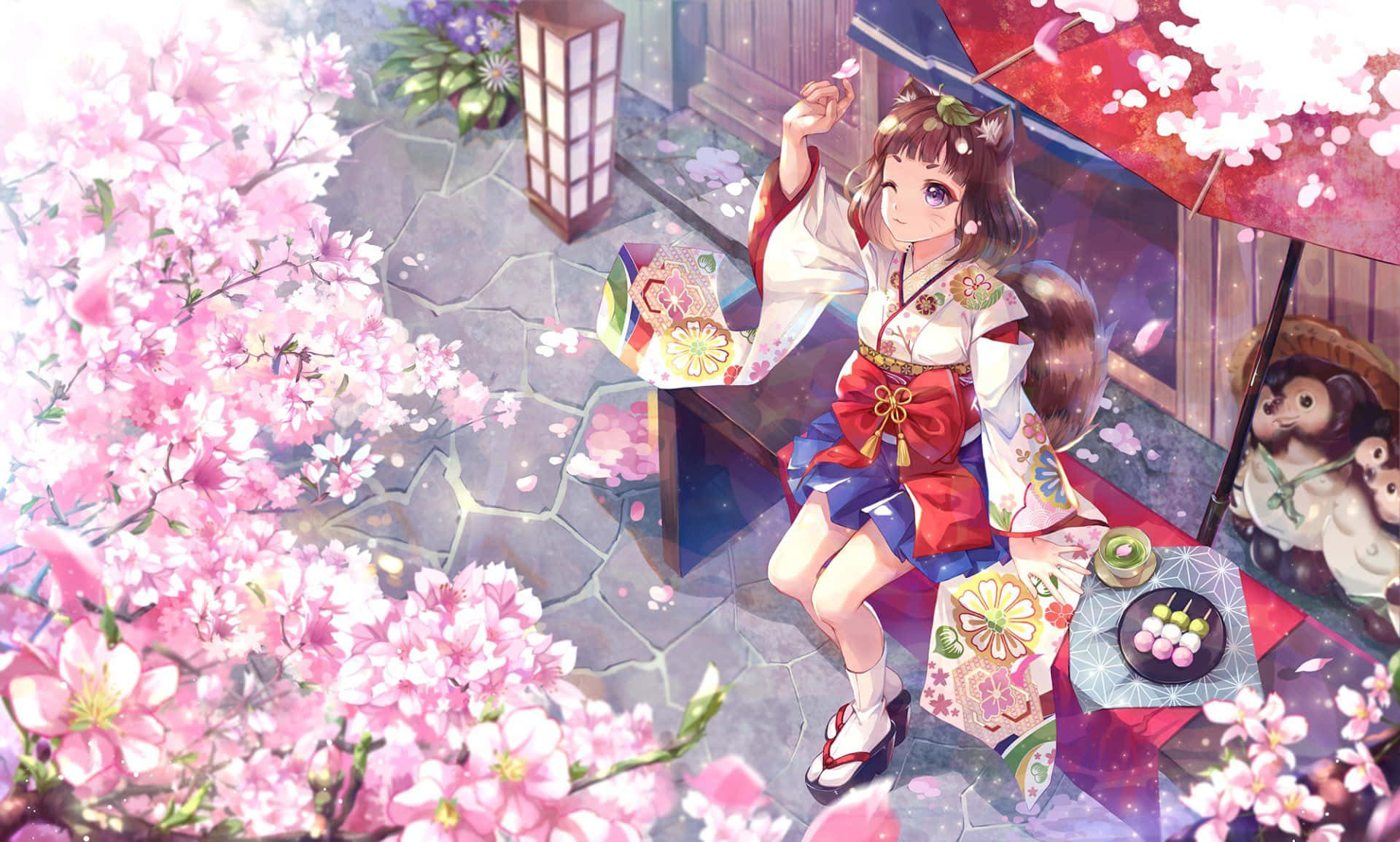 anime girl, floral kimono, red umbrella, Full HD Desktop Wallpaper