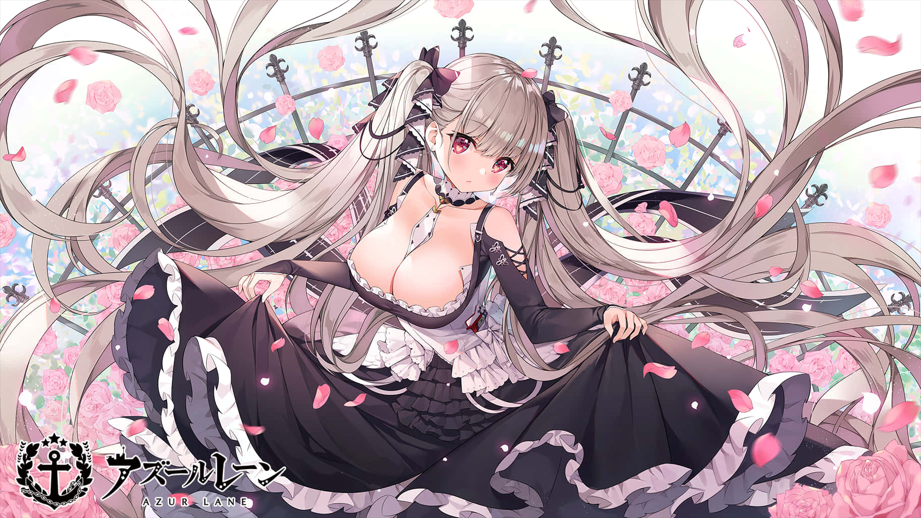 silver-haired anime girl, black and white frilly dress, falling pink roses, HD Desktop Wallpaper
