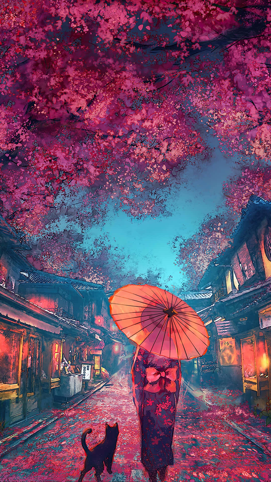 Enchanted Evening Under Cherry Blossoms, kimono, orange umbrella, Full HD Phone Wallpaper