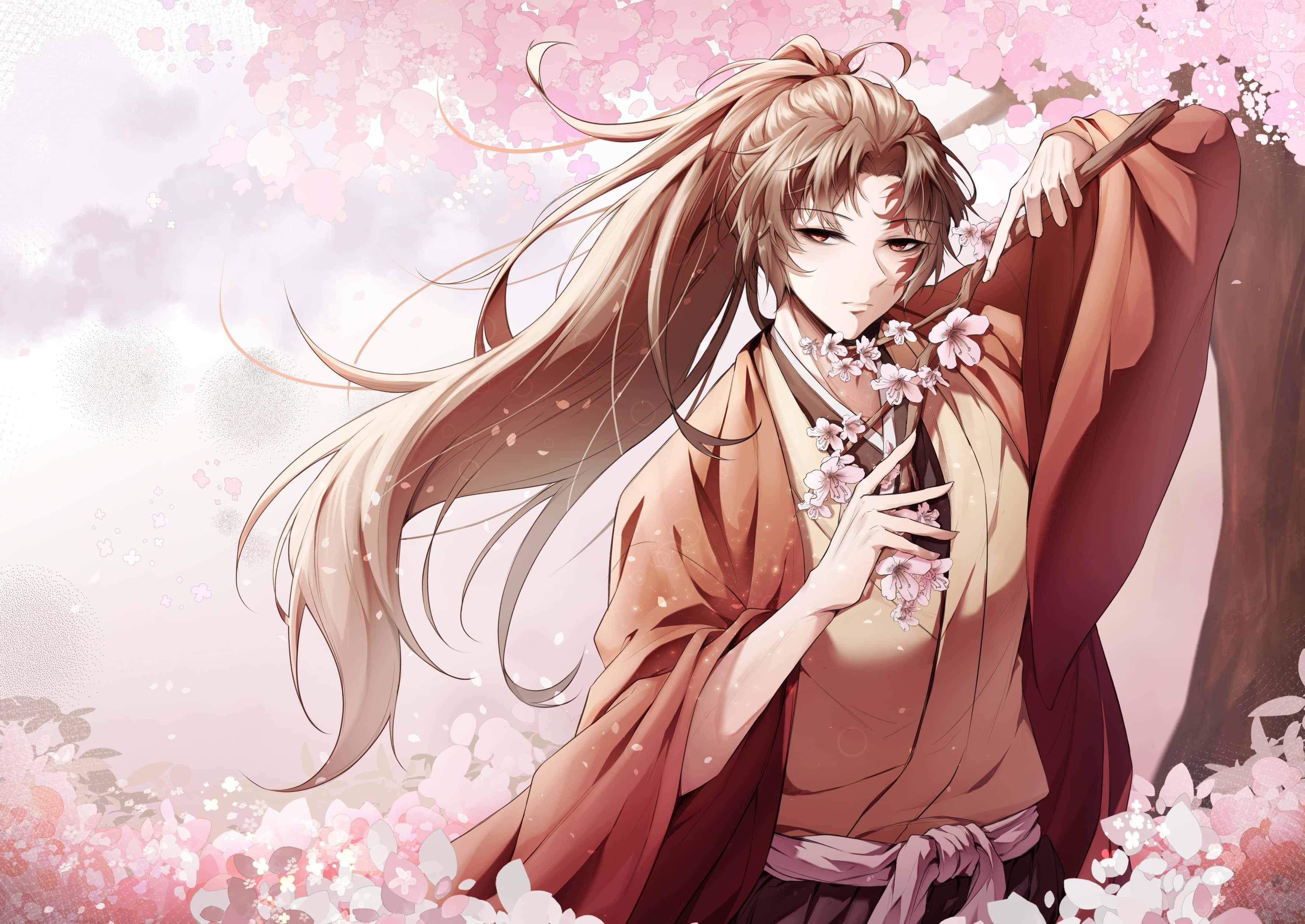 Cherry Blossom Warrior, anime-style man, long flowing hair, 2K Desktop Wallpaper