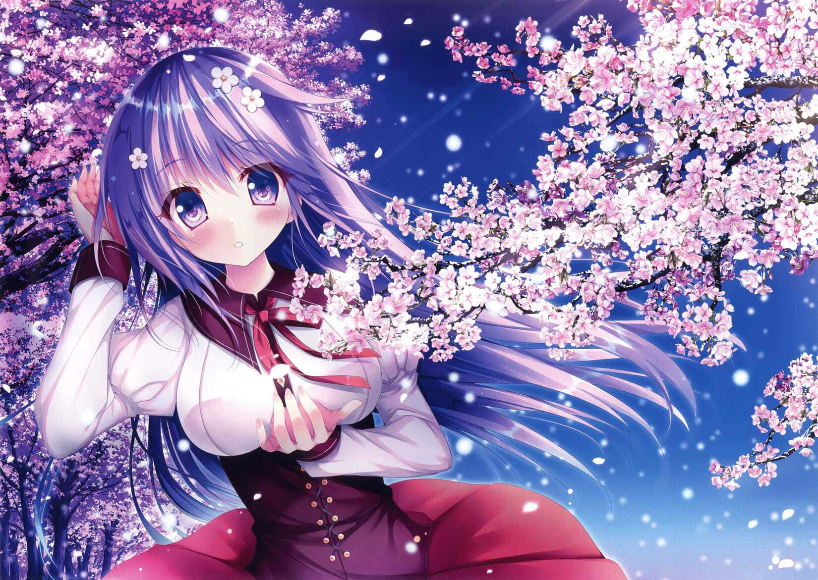 purple-haired anime girl, red dress, glowing cherry blossom tree, HD Desktop Wallpaper