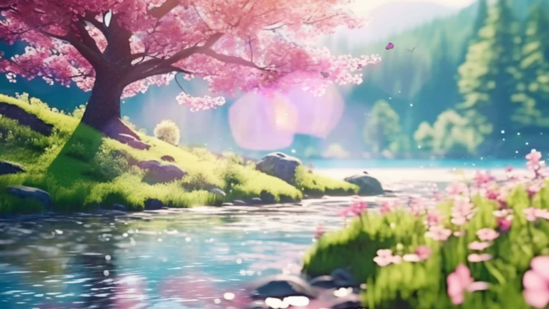 cherry blossom, riverside, anime scene, Full HD Desktop Wallpaper