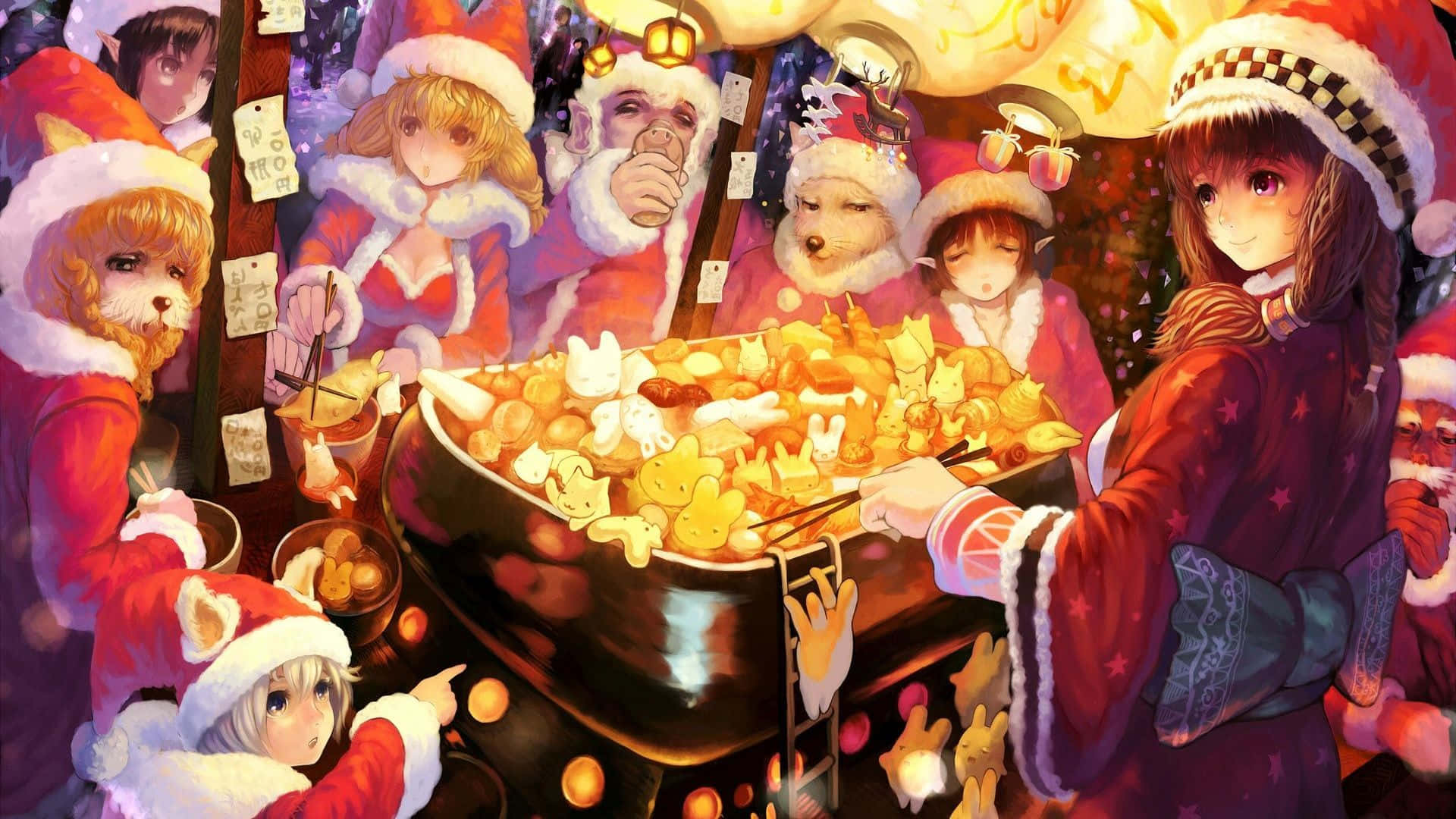Anime characters, Santa outfits, steaming pot of golden dumplings, Full HD Desktop Wallpaper