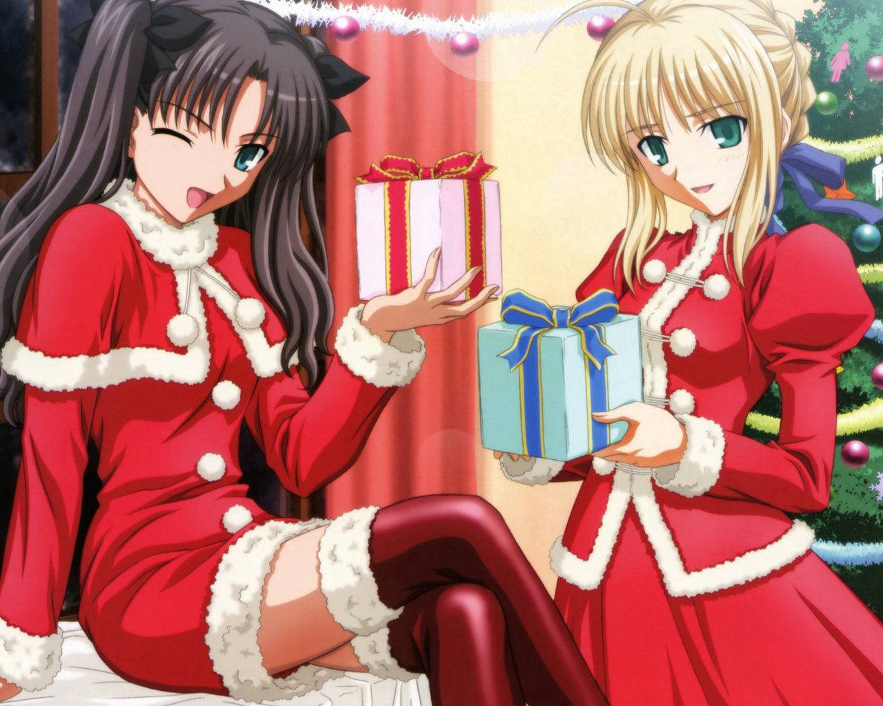 anime girls, festive red Santa outfits, wrapped gifts, HD Desktop Wallpaper