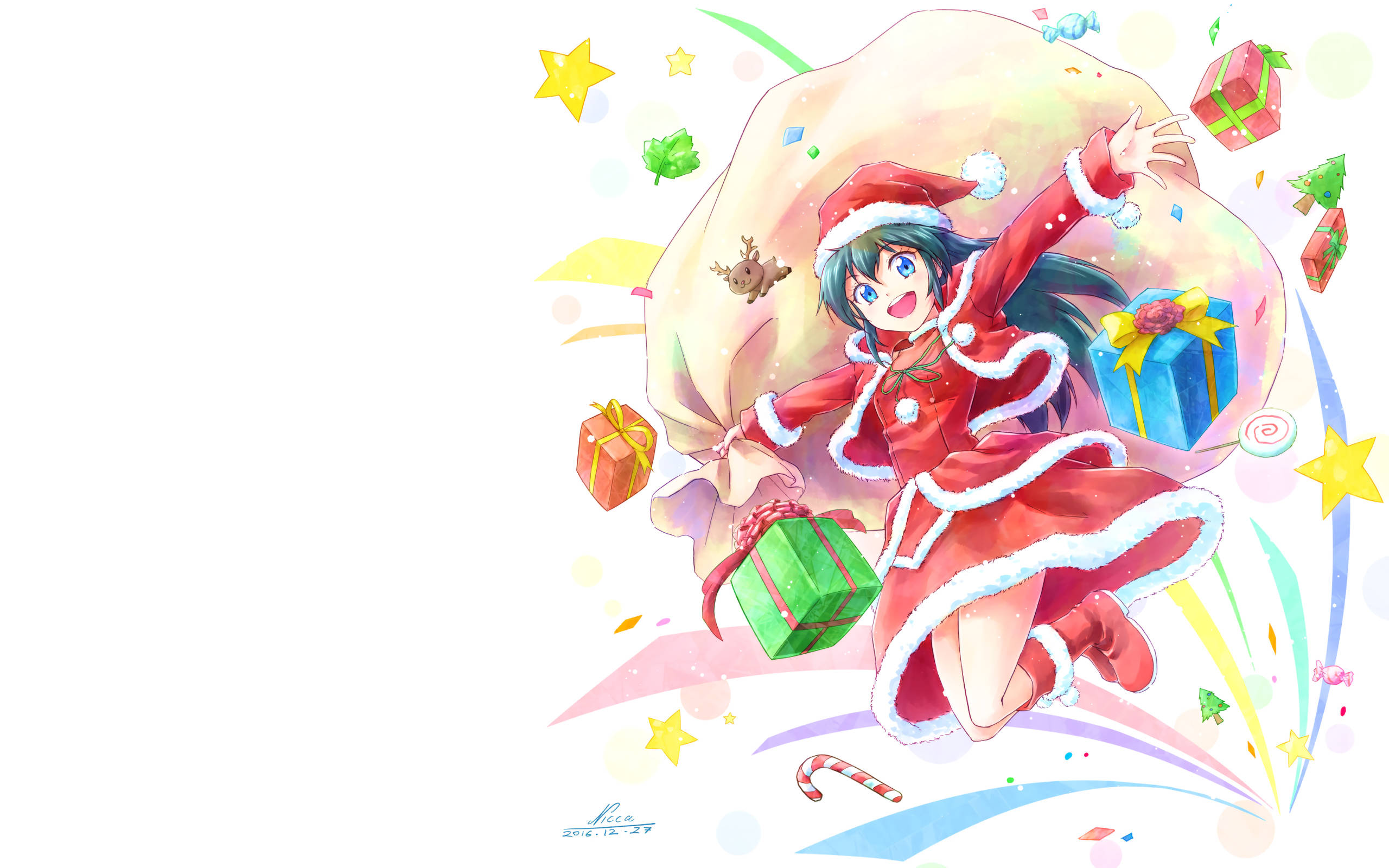 anime girl, red Santa outfit, giant sack of colorful gifts, 2K Desktop Wallpaper