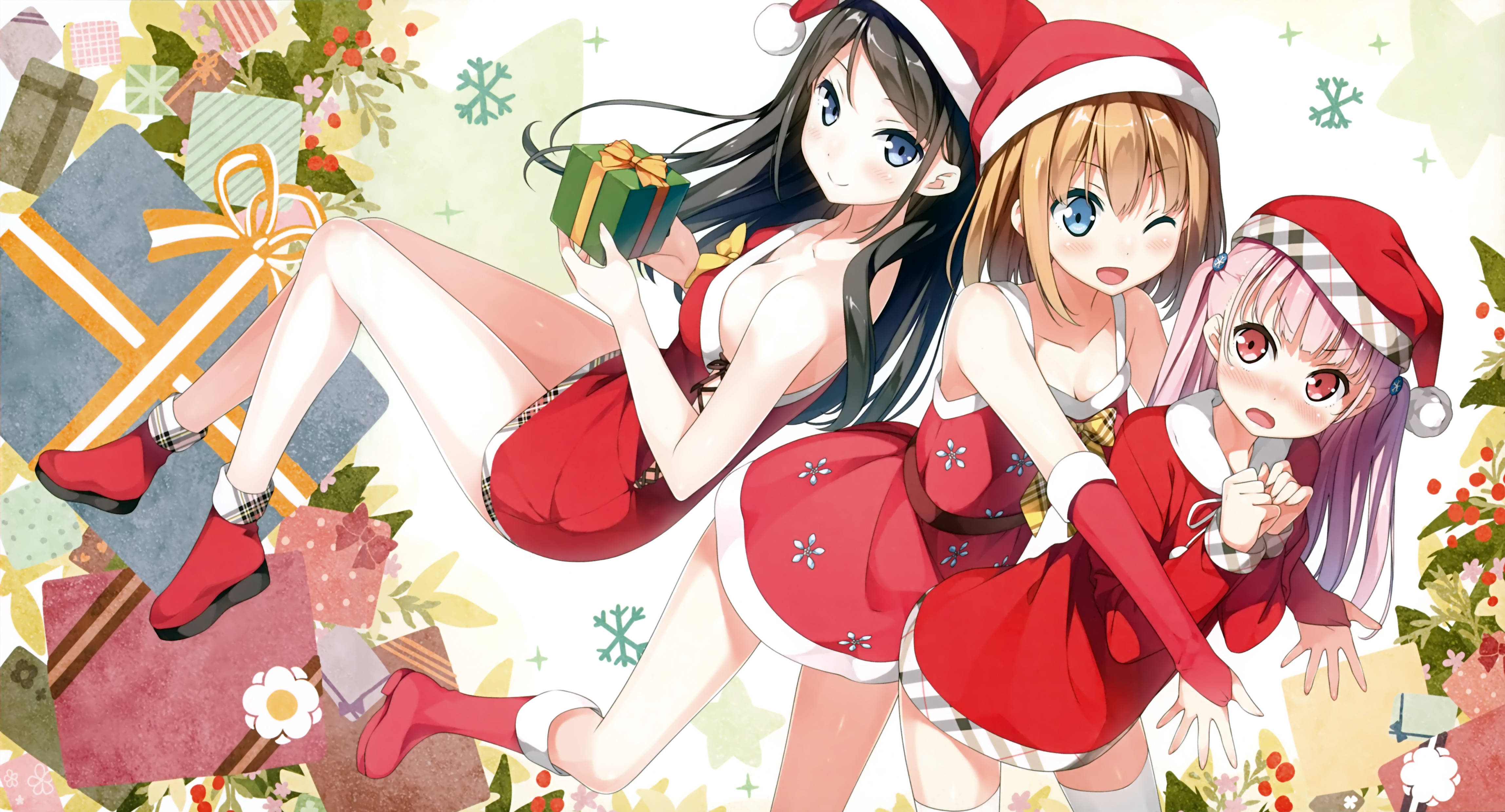 anime girls, festive red Santa outfits, holiday gifts, 4K Desktop Wallpaper