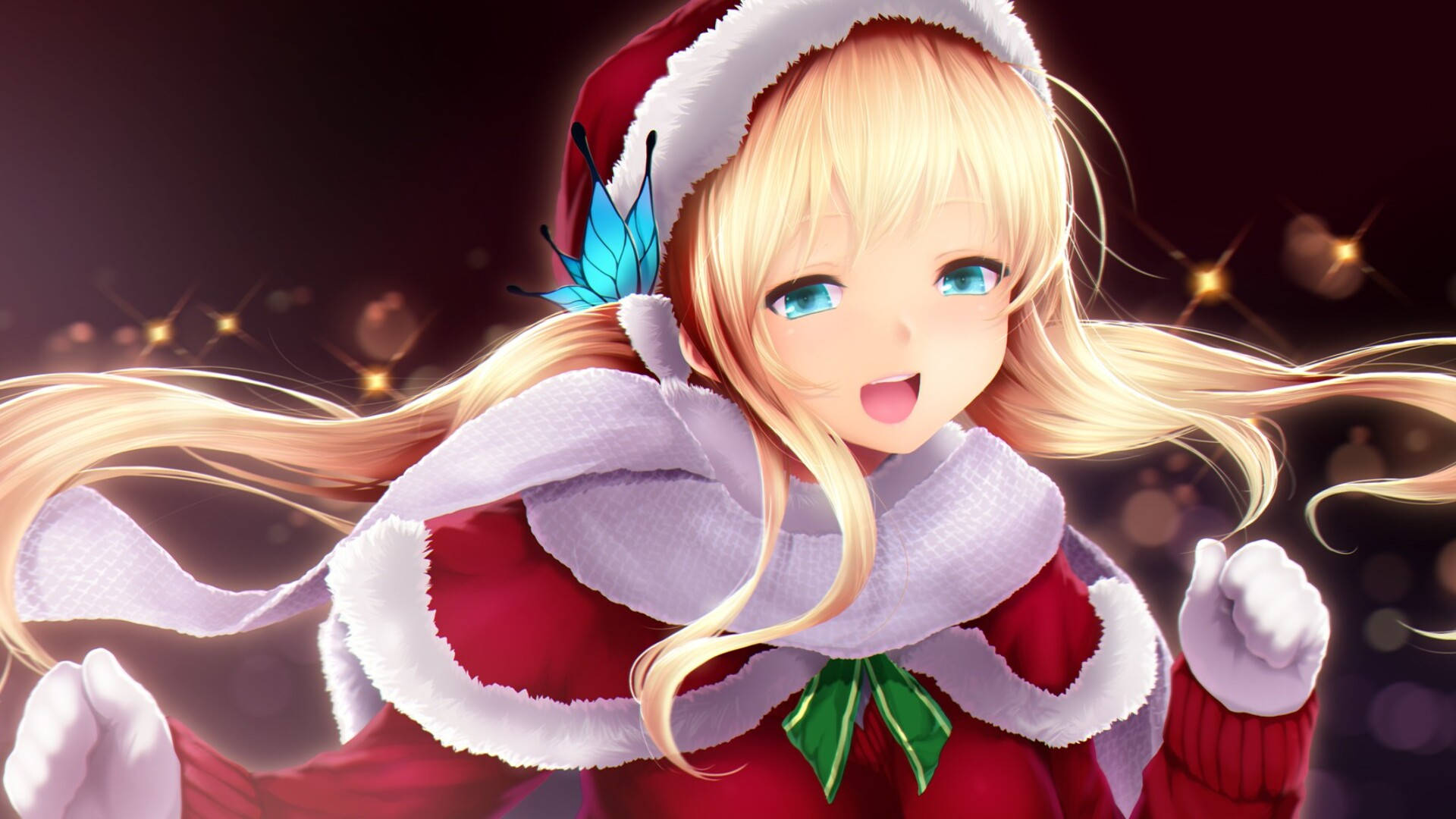 Blonde Girl Anime Christmas, red Santa outfit, white trim, Full HD Desktop Wallpaper