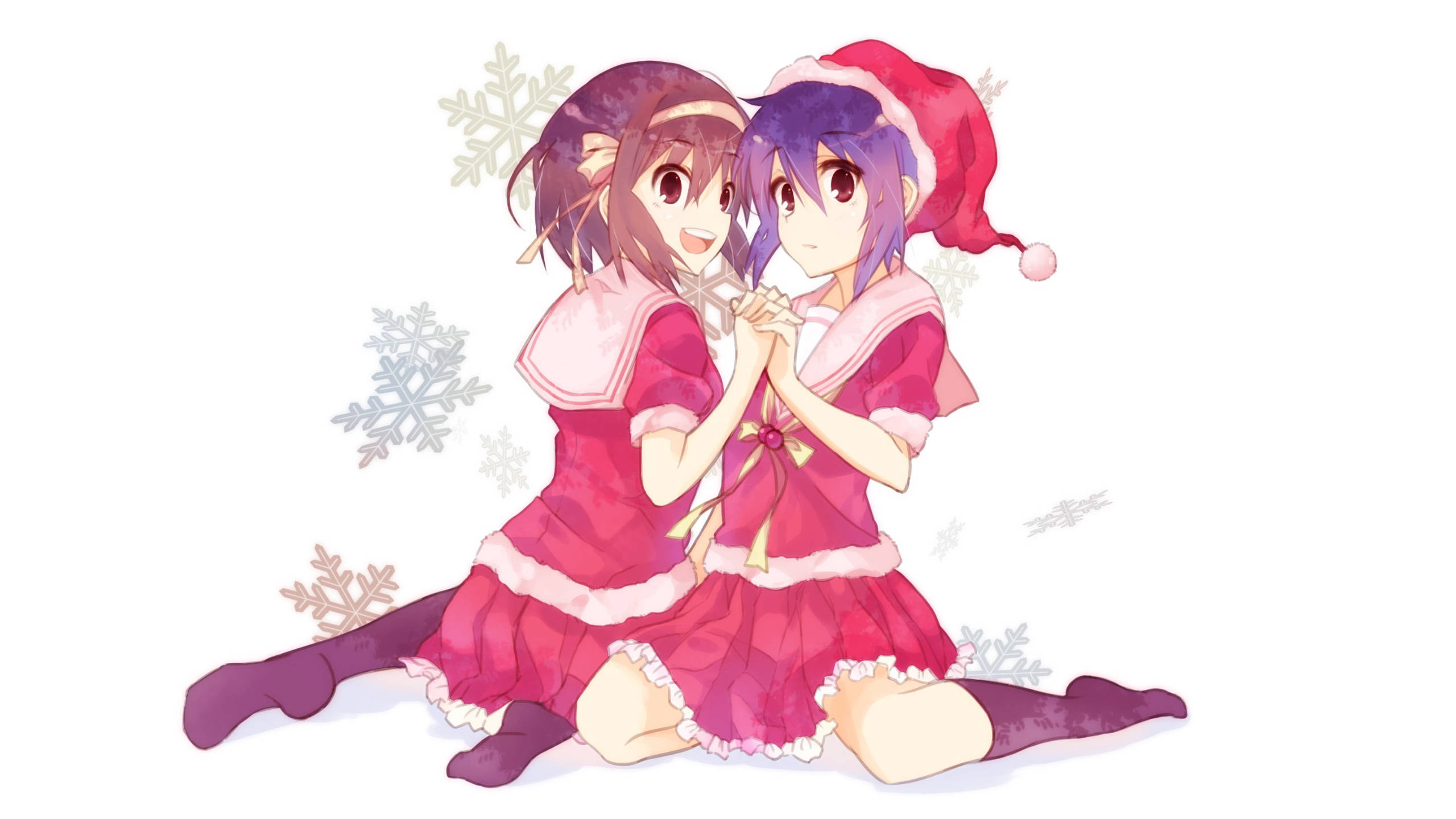 Anime Christmas, red uniform, anime girls, 2K Desktop Wallpaper