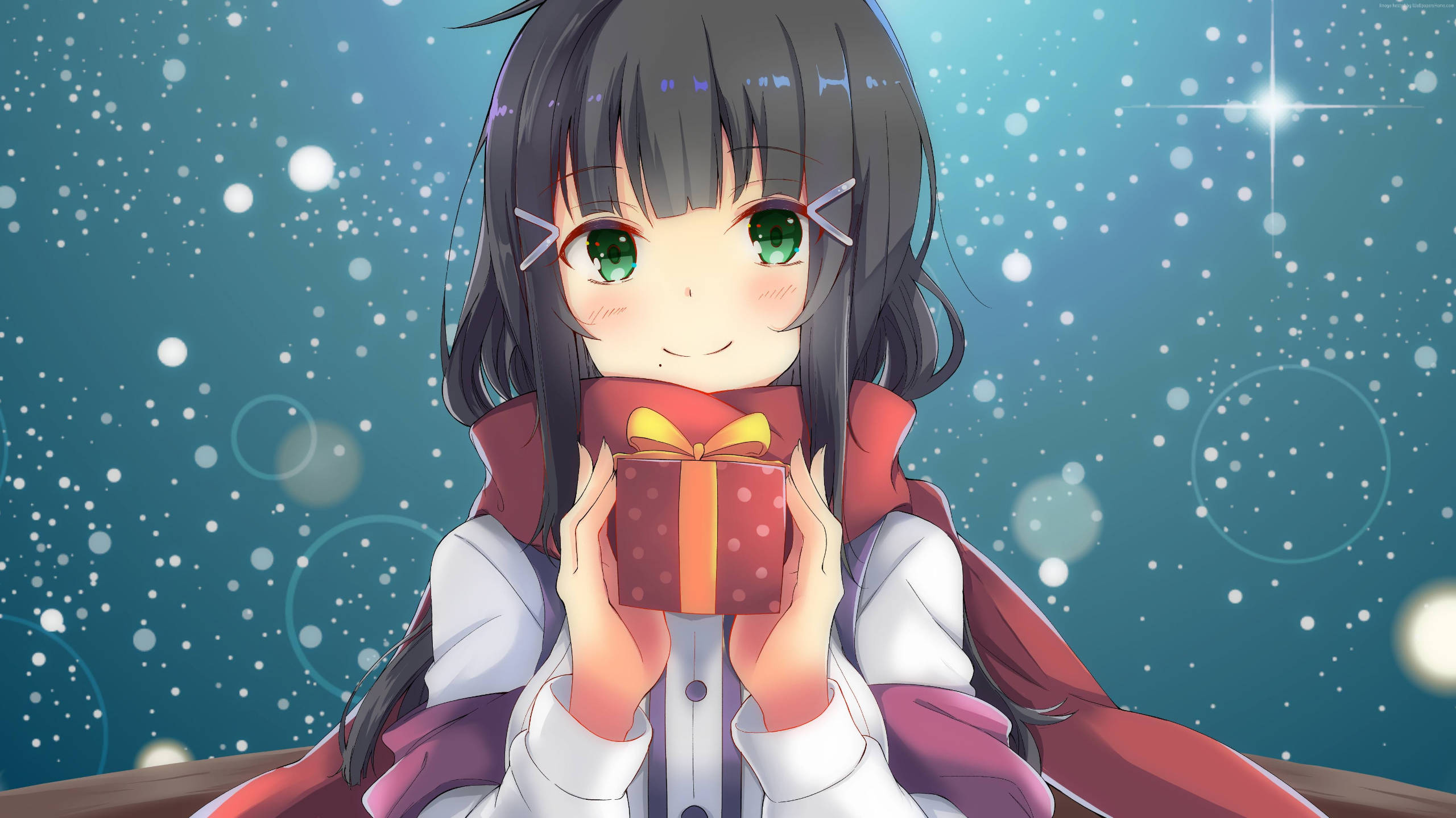 Anime Christmas, green eyes, dark hair, 2K Desktop Wallpaper