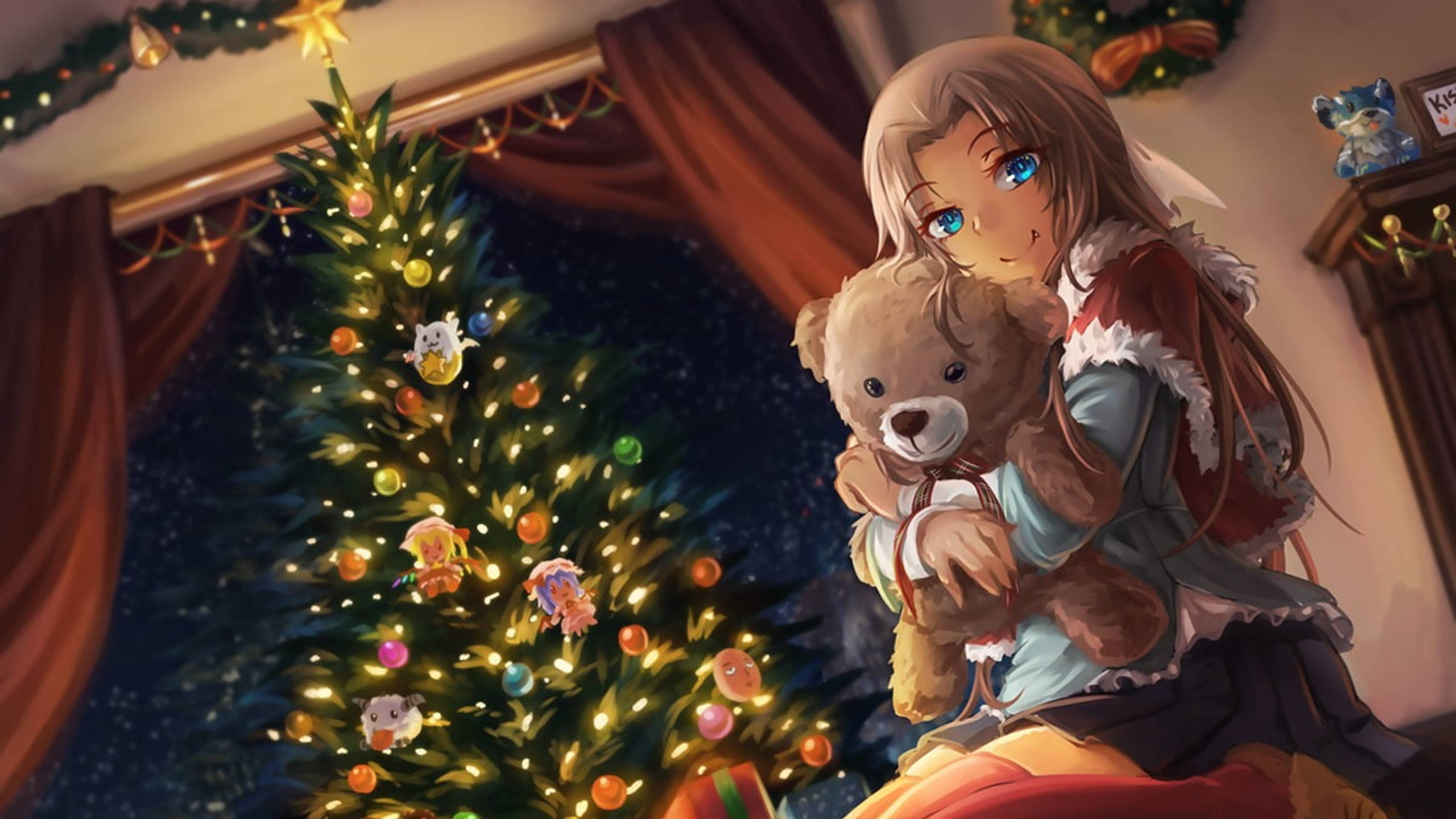 Anime Christmas, blue eyes, teddy bear, 2K Desktop Wallpaper