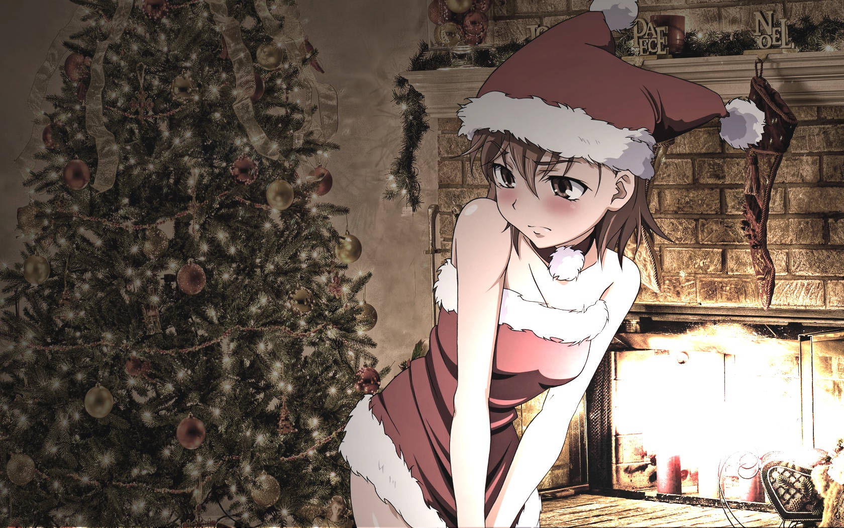 Shy Anime Girl, Santa outfit, fireplace, HD Desktop Wallpaper