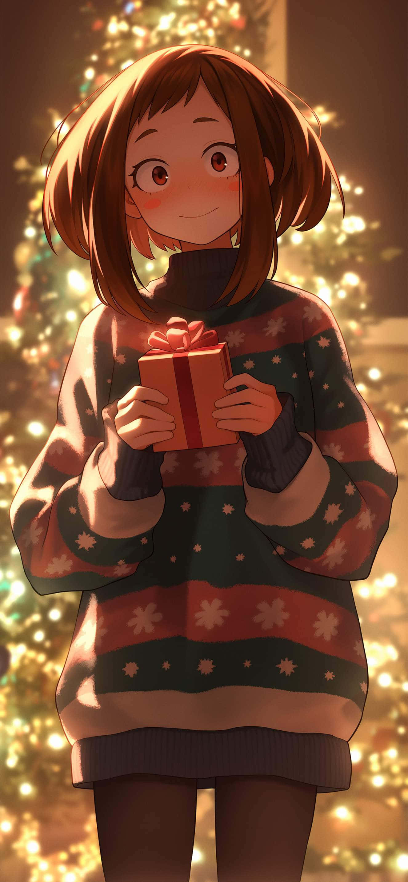 anime girl, festive sweater, red gift box, 2K Phone Wallpaper