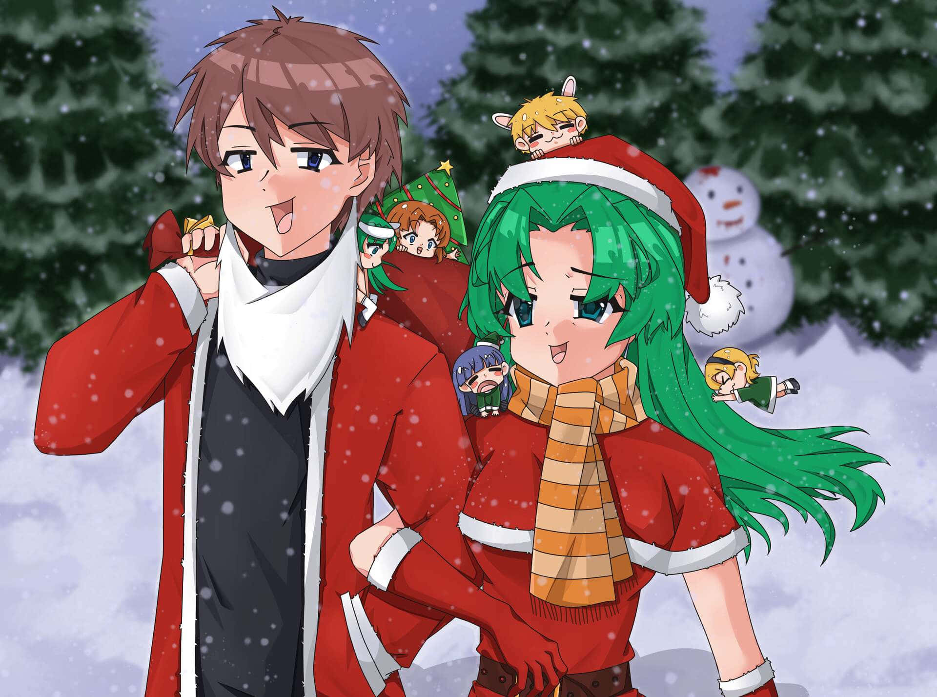 Anime Christmas, winter celebration, festive red outfits, Full HD Desktop Wallpaper