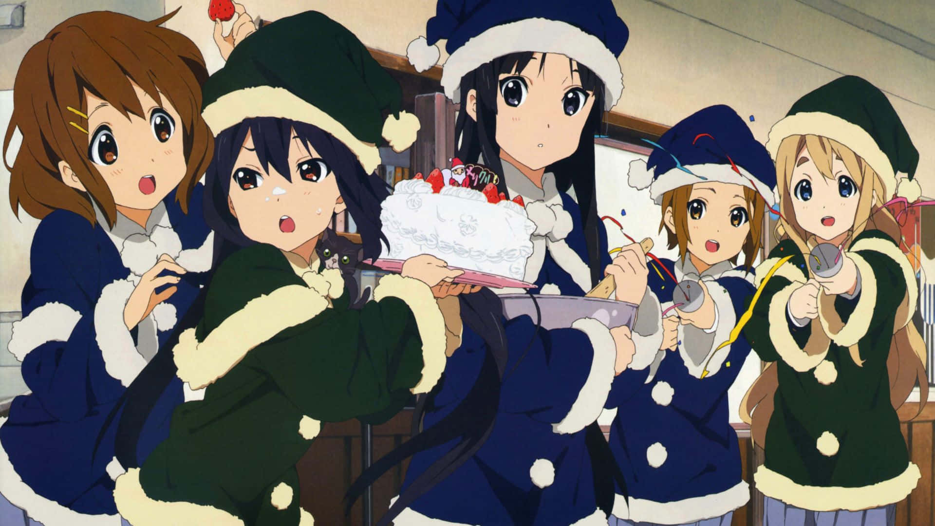 anime girls, festive winter outfits, strawberry-topped cake, Full HD Desktop Wallpaper