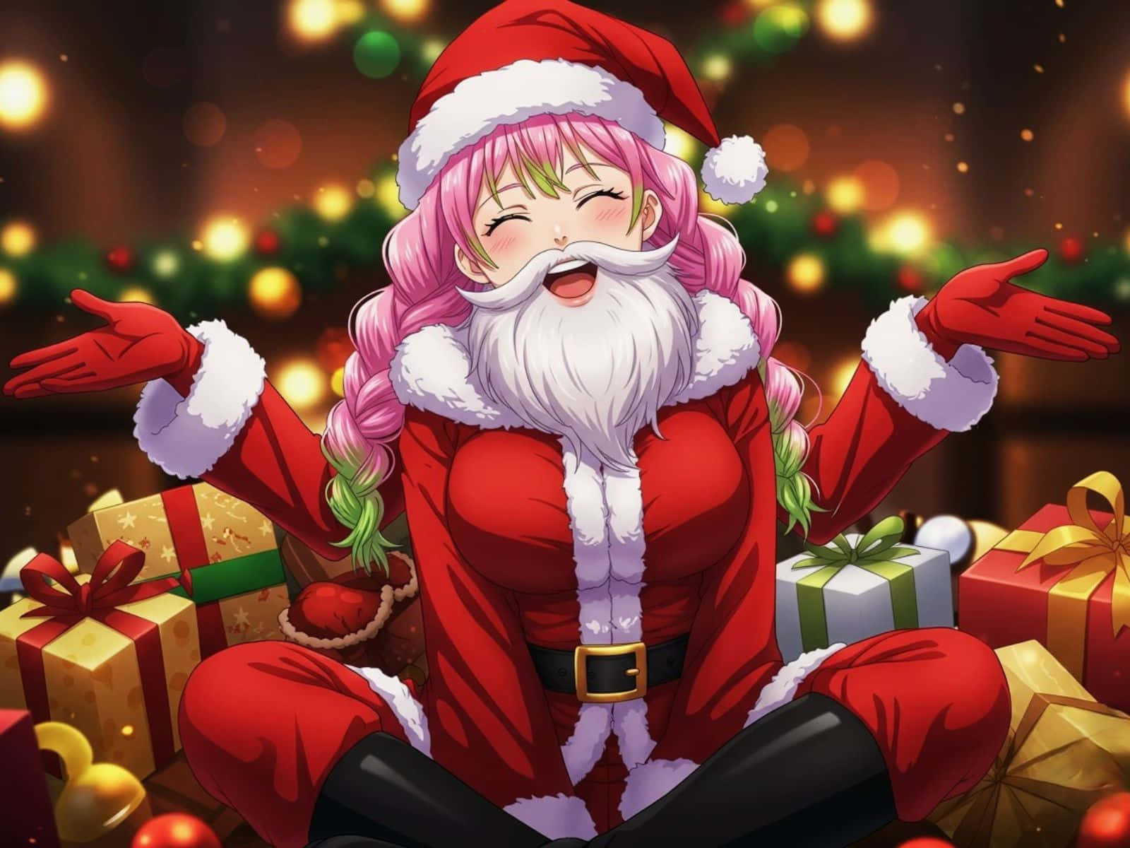 anime girl, pink hair, red Santa suit with white trim, HD Desktop Wallpaper