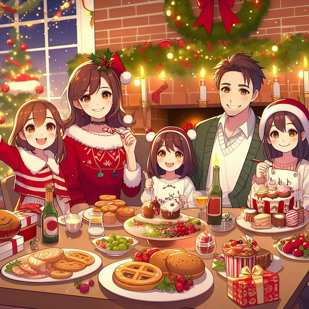 Anime Family Christmas Celebration, Christmas table, cookies, HD Desktop Wallpaper