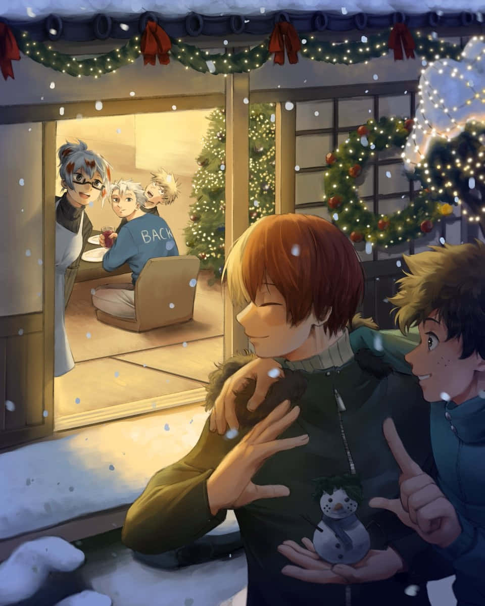 Anime Christmas, winter gathering, snowy window, SD Phone Wallpaper
