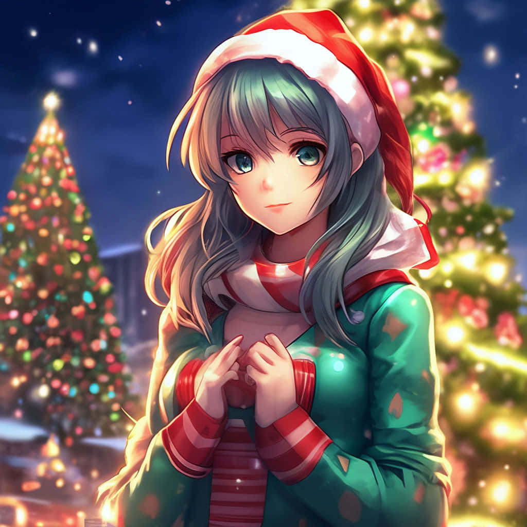 Anime Christmas Girl, red Santa hat, green pajamas, SD Desktop Wallpaper