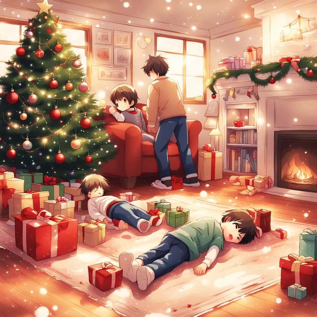 Cozy Anime Christmas Morning, living room, Christmas gifts, SD Desktop Wallpaper