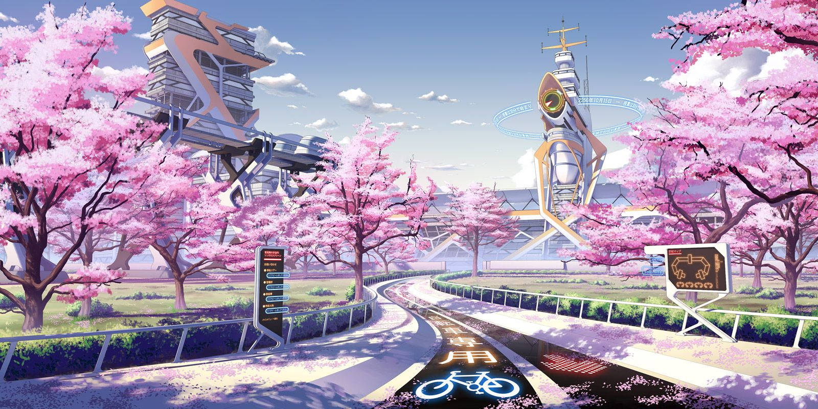 Anime City, pink cherry blossoms, glowing bike path, HD Desktop Wallpaper