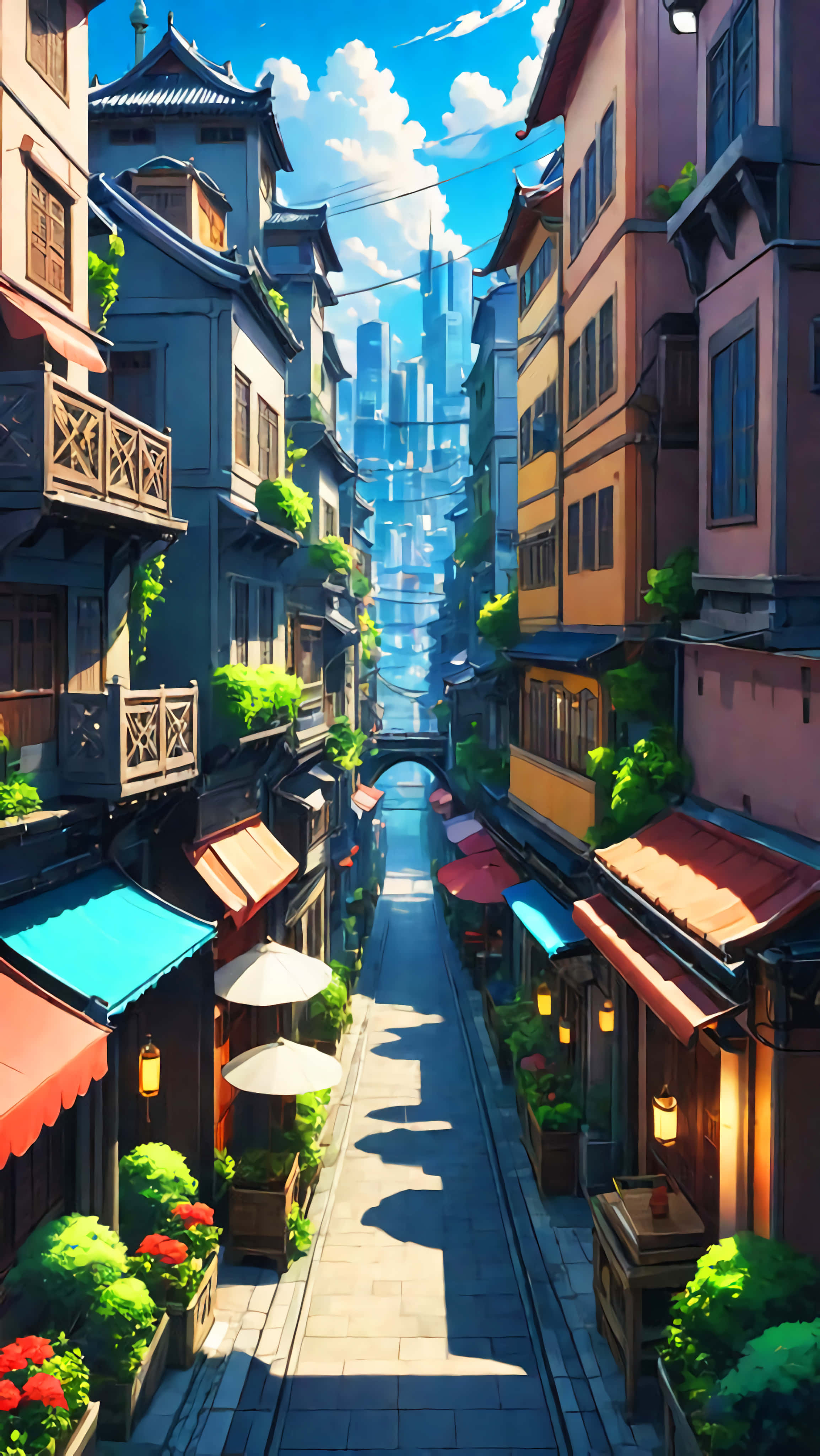 colorful anime cityscape, sunlit narrow alleyway, traditional buildings, 4K Phone Wallpaper