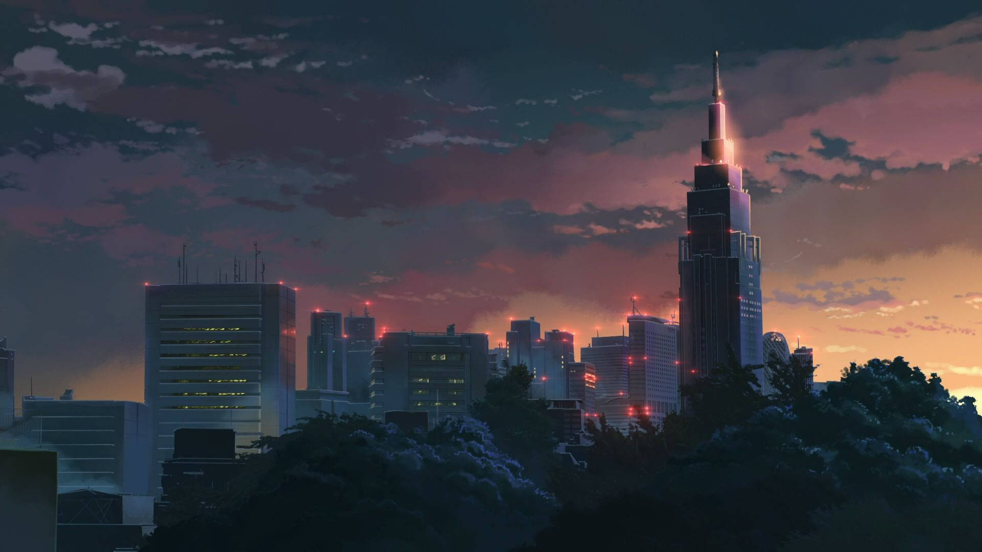 Anime City, sunrise, futuristic city skyline, Full HD Desktop Wallpaper
