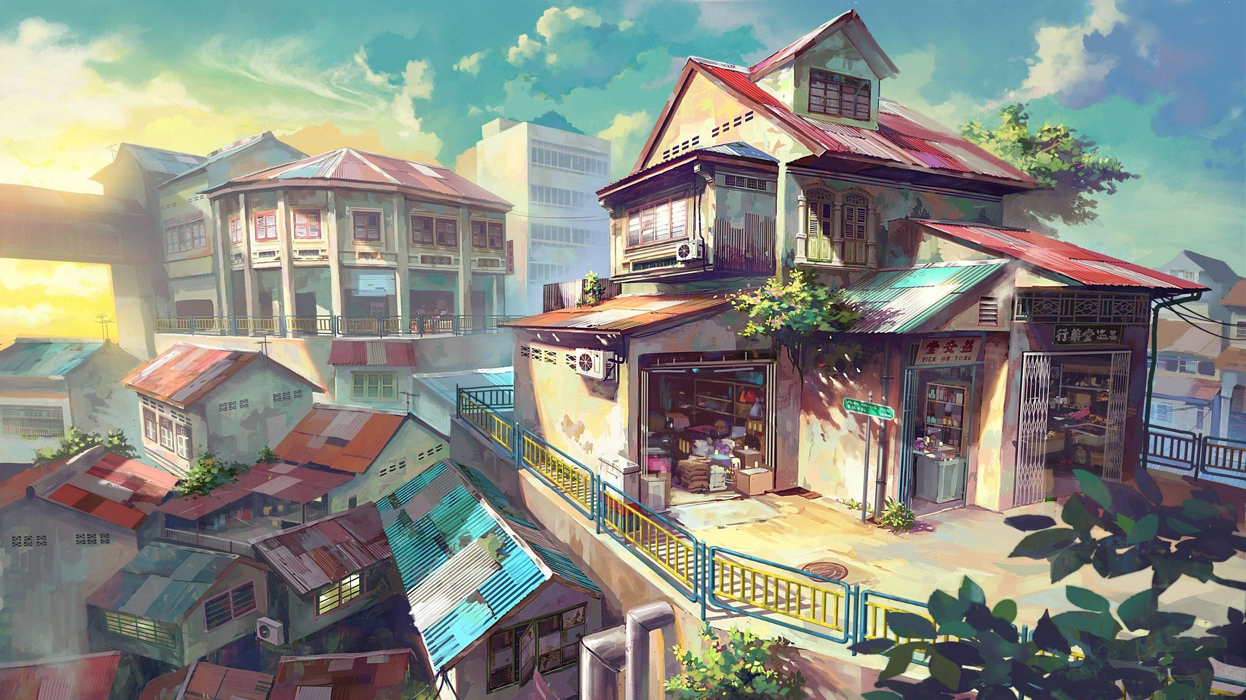 Anime City, Sunlit, vintage shophouses, 2K Desktop Wallpaper
