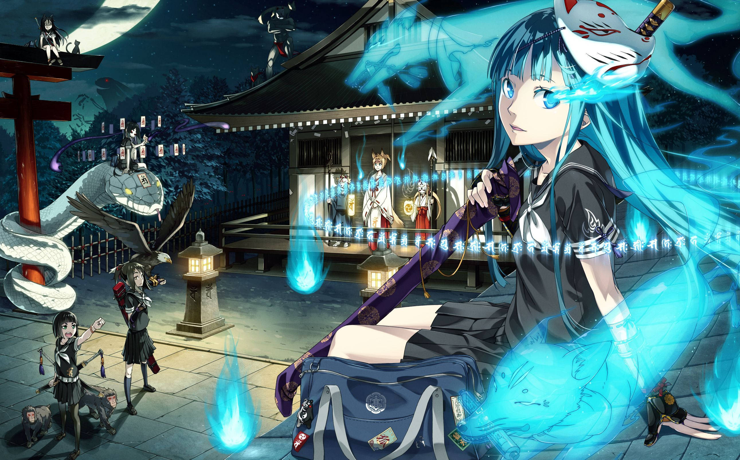 kitsune, blue-haired anime girl, katana, 2K Desktop Wallpaper
