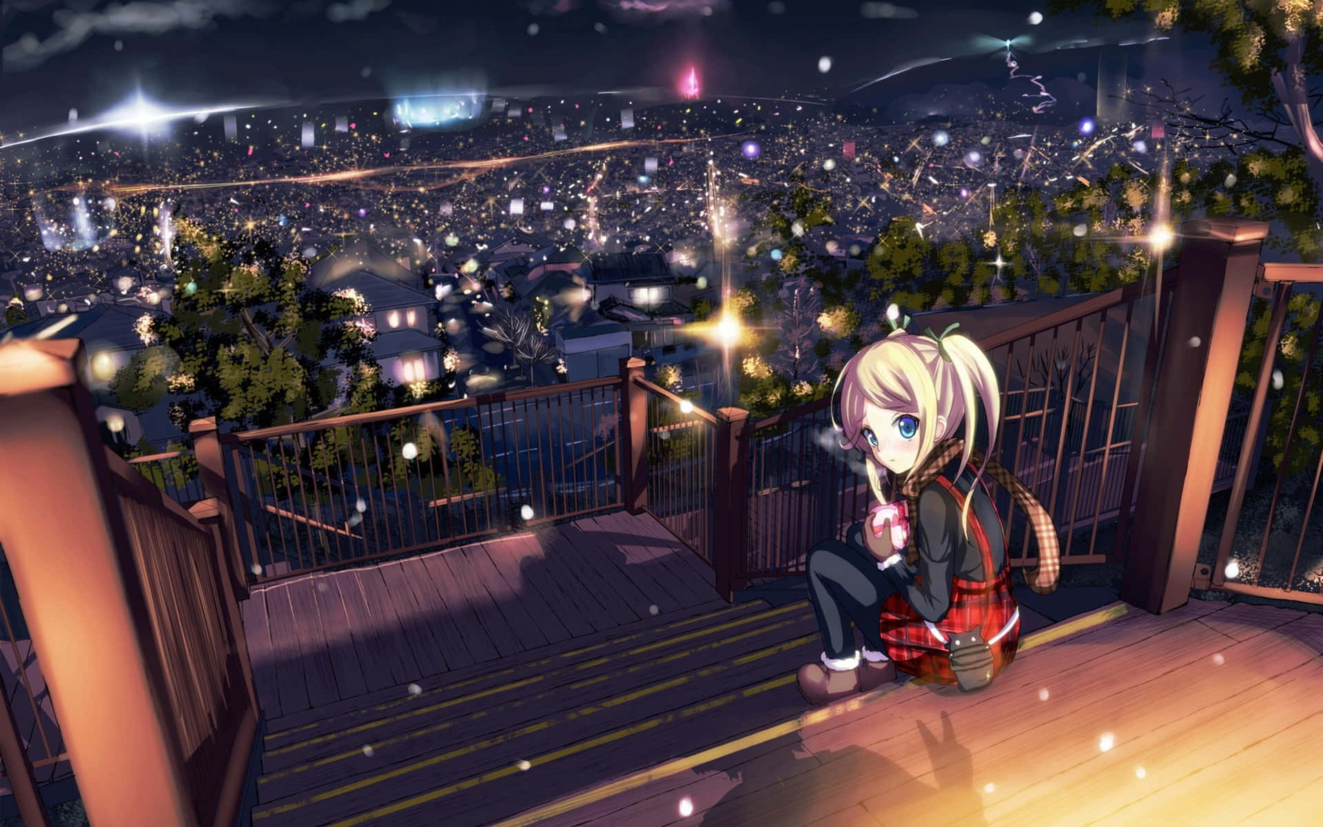 blonde anime girl, wooden deck, night, Full HD Desktop Wallpaper