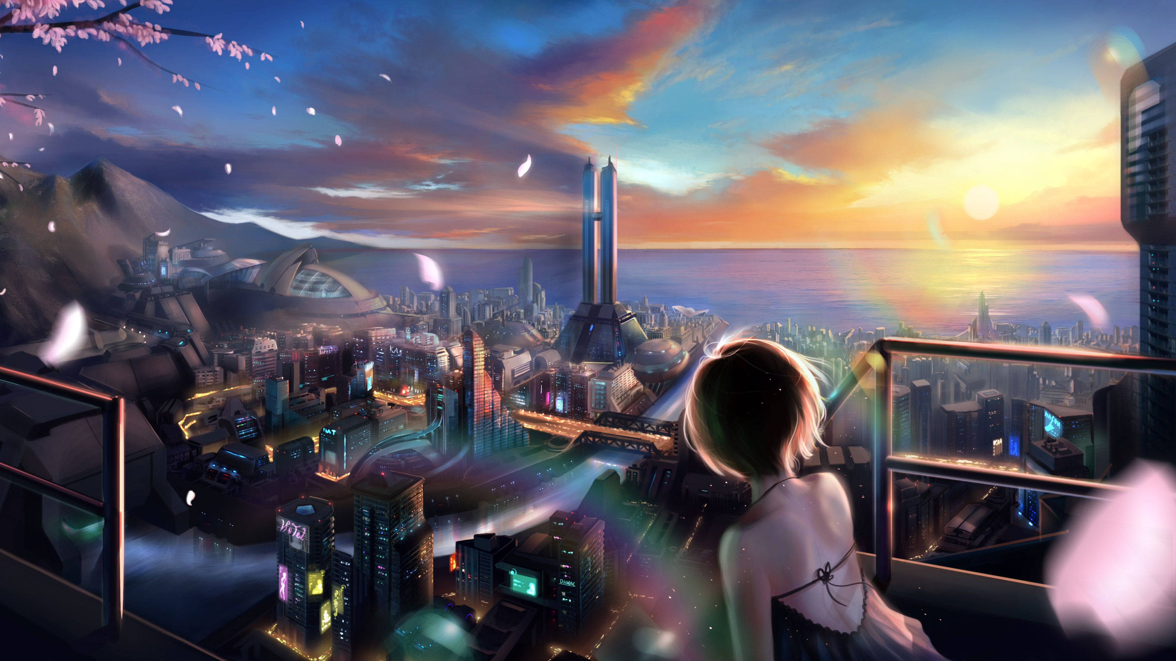 Anime Gaming Cityscape View, futuristic cityscape, sunset sky, 4K Desktop Wallpaper