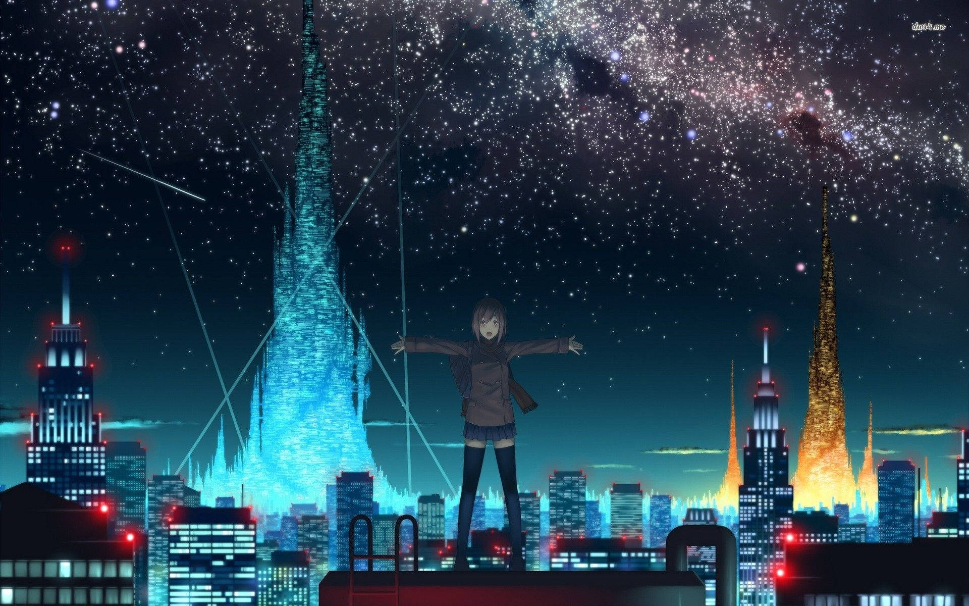 Anime City, starry night sky, rooftop, Full HD Desktop Wallpaper