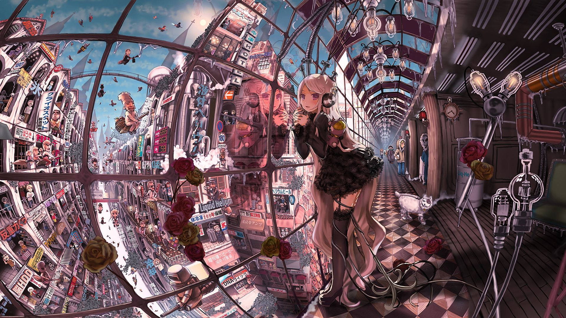 pink-haired girl, anime city, bustling cityscape, Full HD Desktop Wallpaper