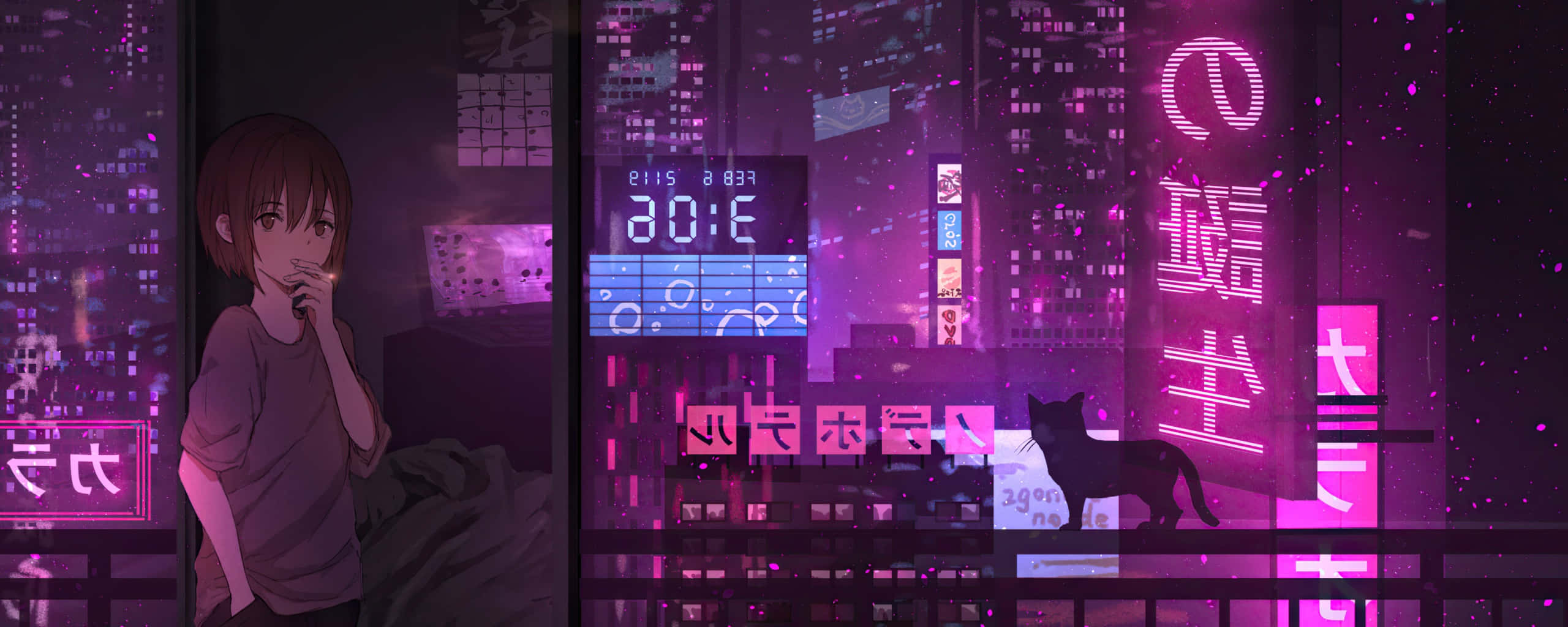 anime girl, neon-drenched cyberpunk cityscape, night, 2K Desktop Wallpaper