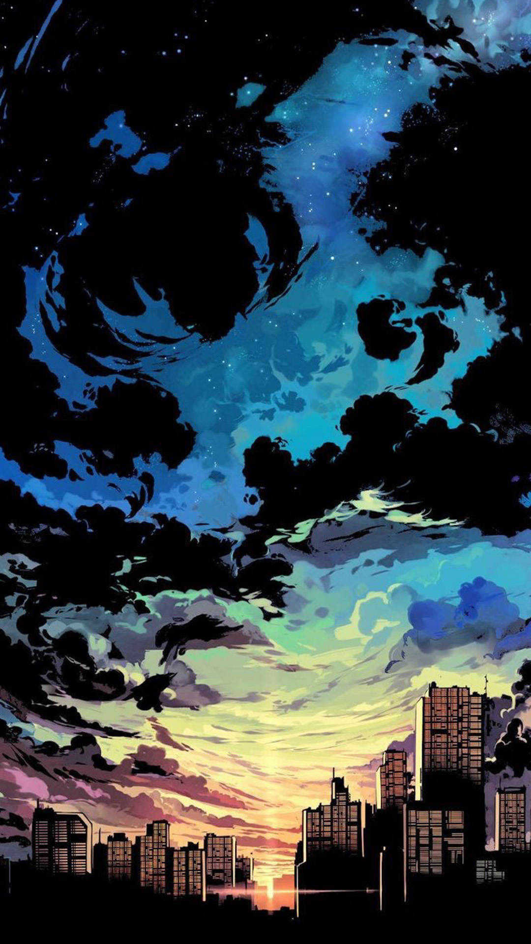 city skyline, sunset, swirling cosmic clouds, Full HD Phone Wallpaper
