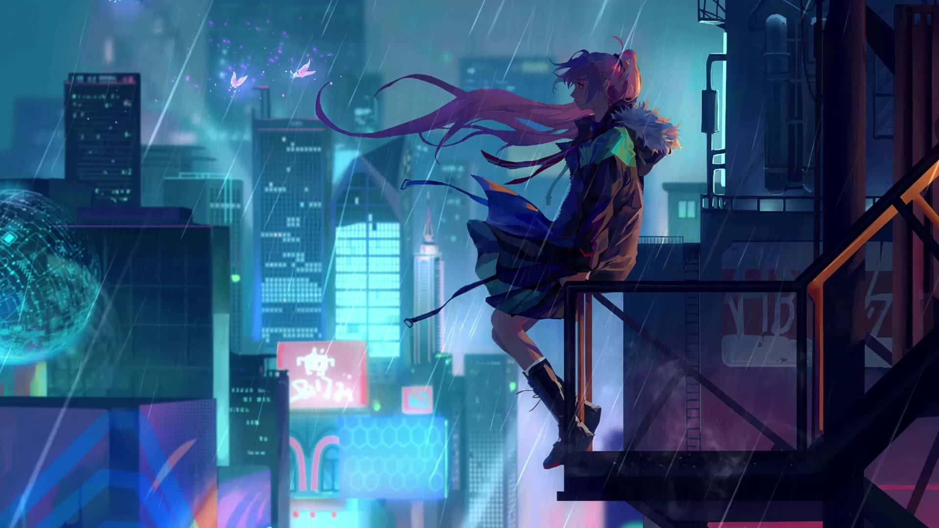 pink-haired anime girl, coat, fire escape, Full HD Desktop Wallpaper