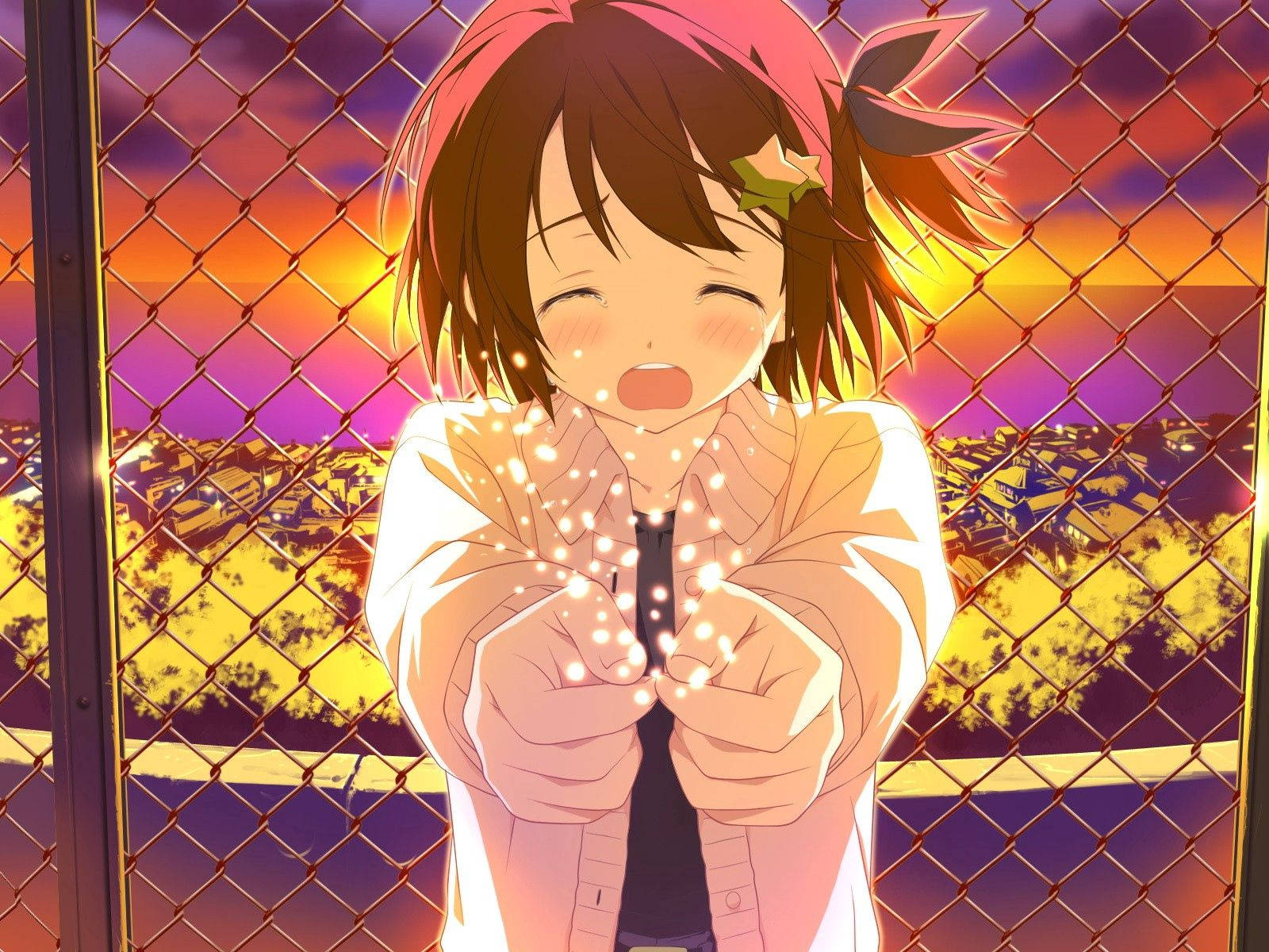 Anime City, star hairpin, chain-link fence, HD Desktop Wallpaper
