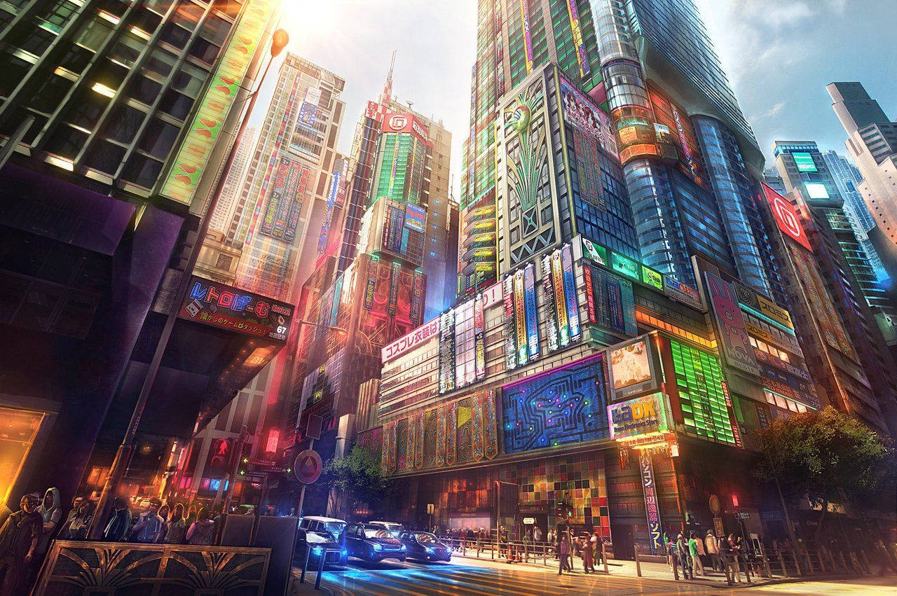 Anime City, sunset, neon signs, HD Desktop Wallpaper