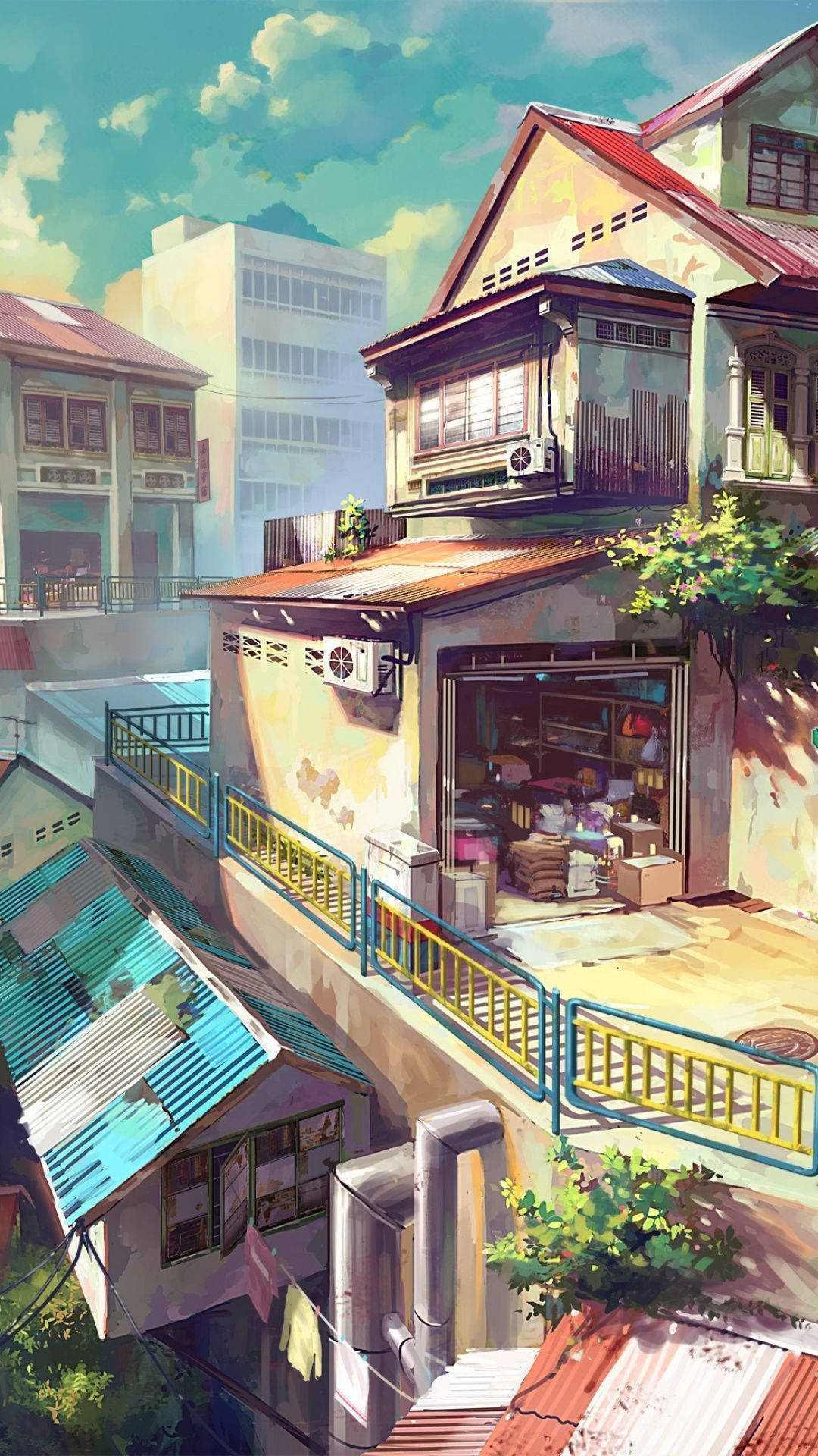 Japanese Anime City Theme Presentation, anime-style illustration, sunlit urban alleyway, Full HD Phone Wallpaper