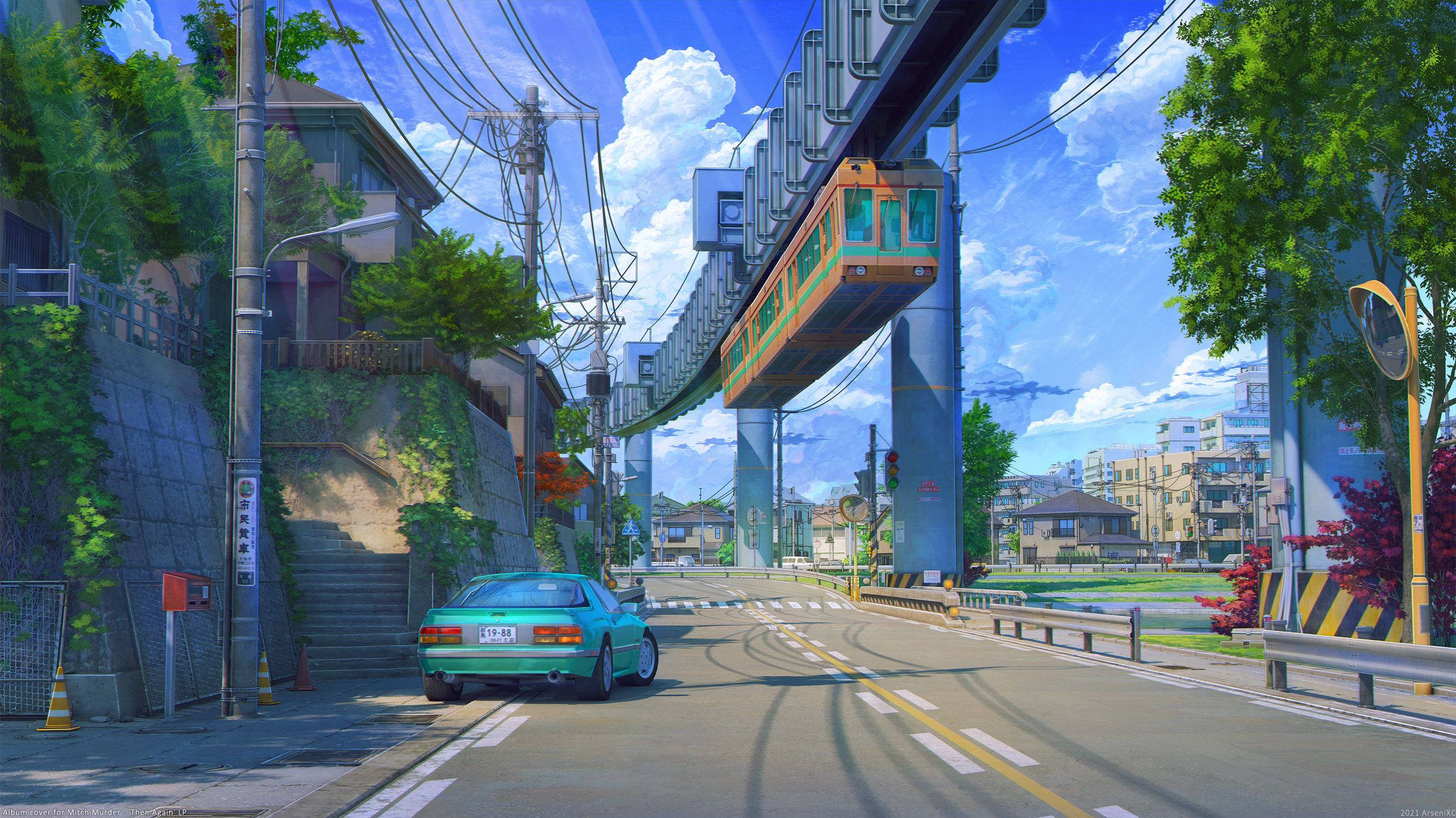 anime city, sky train, teal sports car, Full HD Desktop Wallpaper