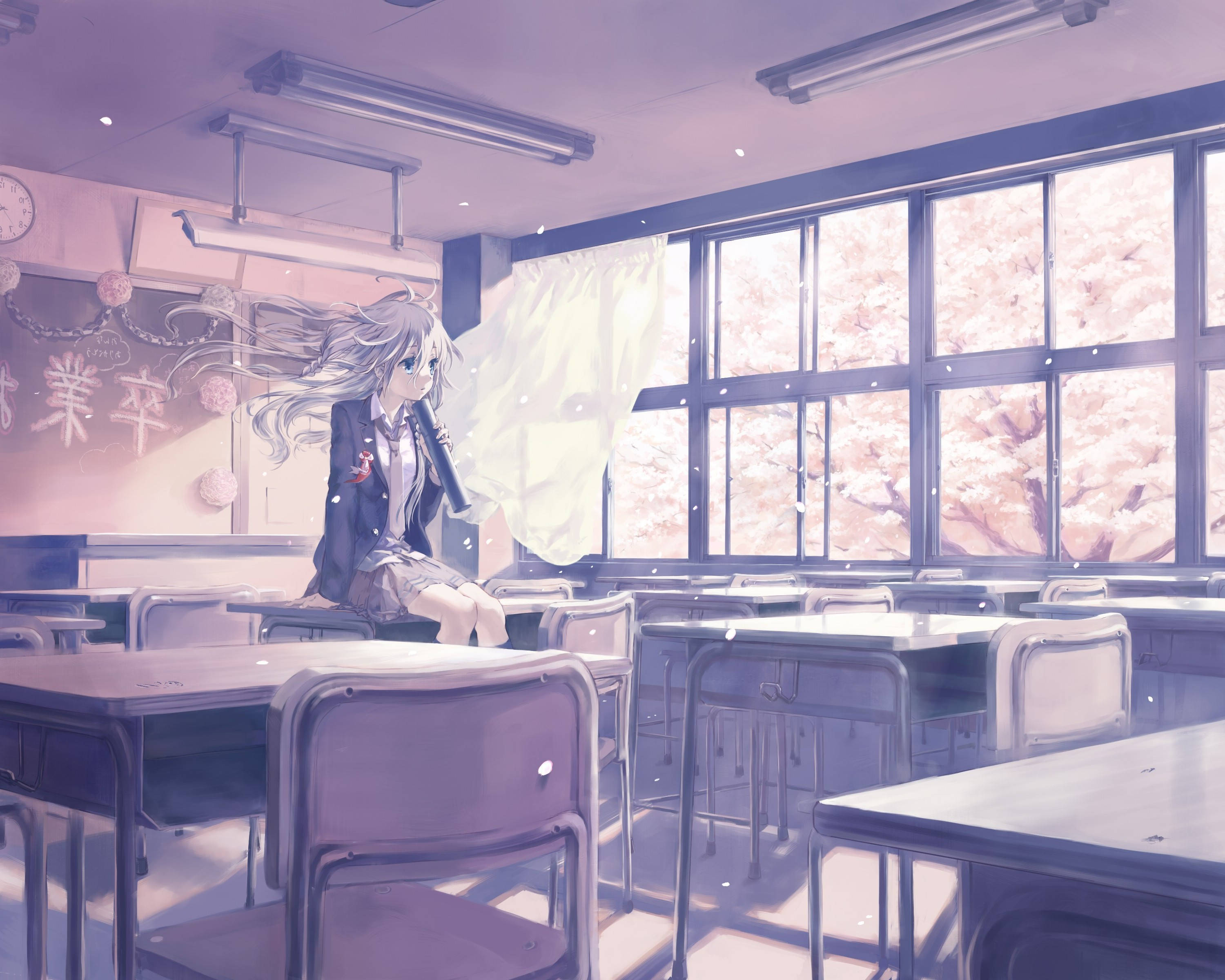 anime girl, flowing hair, empty classroom, 2K Desktop Wallpaper