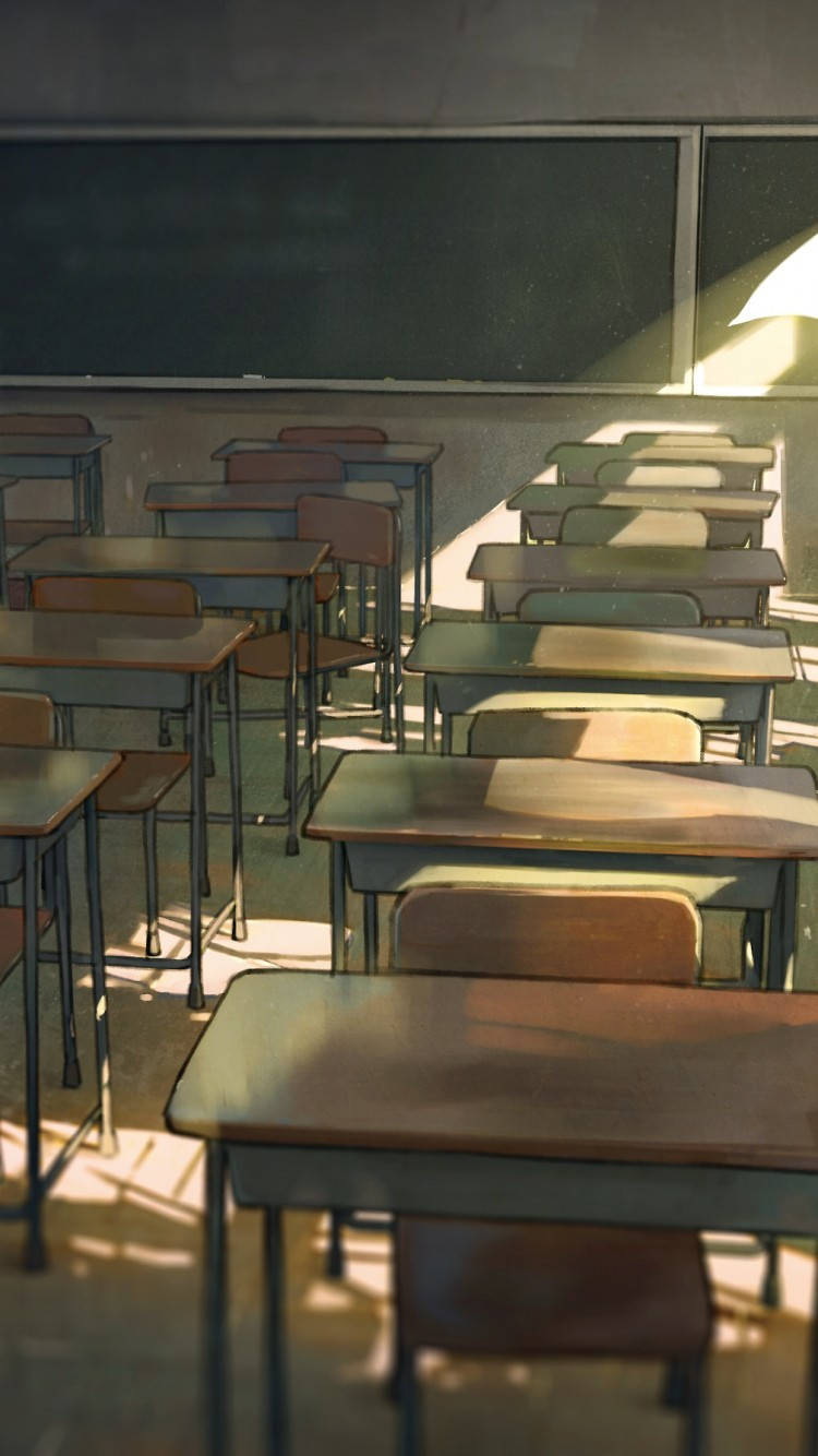 Anime Classroom, wooden desks, chairs, HD Phone Wallpaper