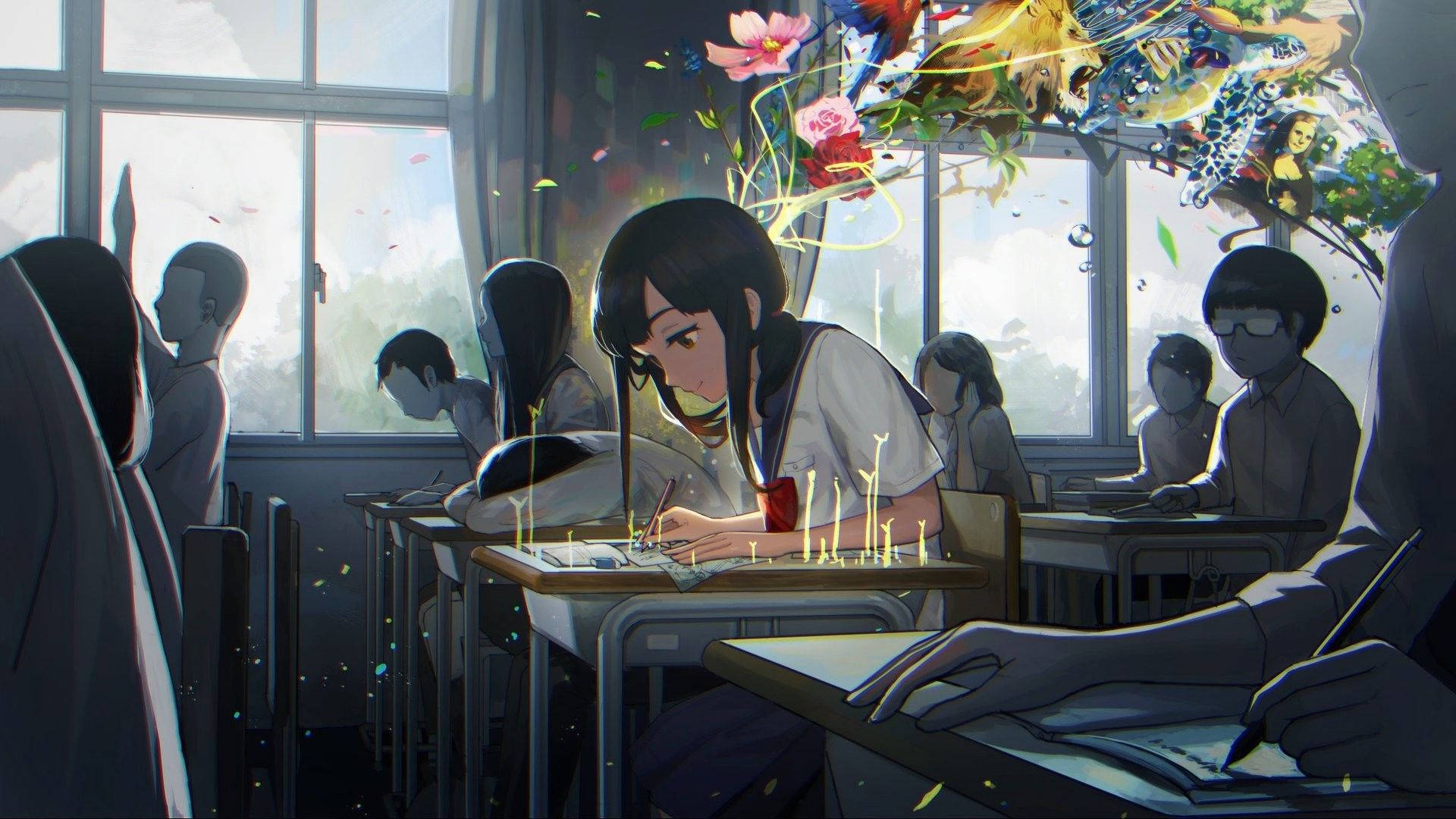 anime classroom, school uniform, vibrant surreal creatures, Full HD Desktop Wallpaper