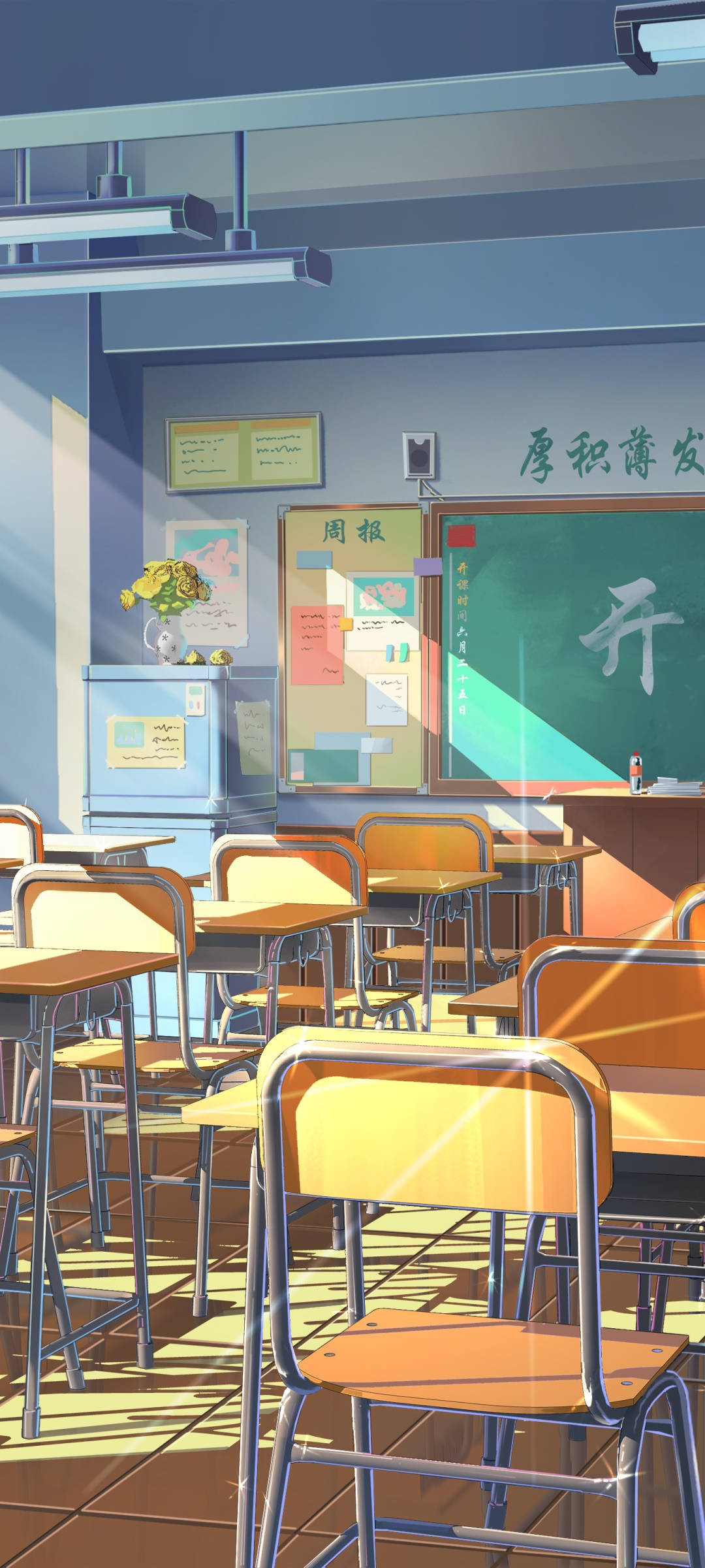 Sunlit Anime Classroom, wooden desks, chairs, Full HD Phone Wallpaper