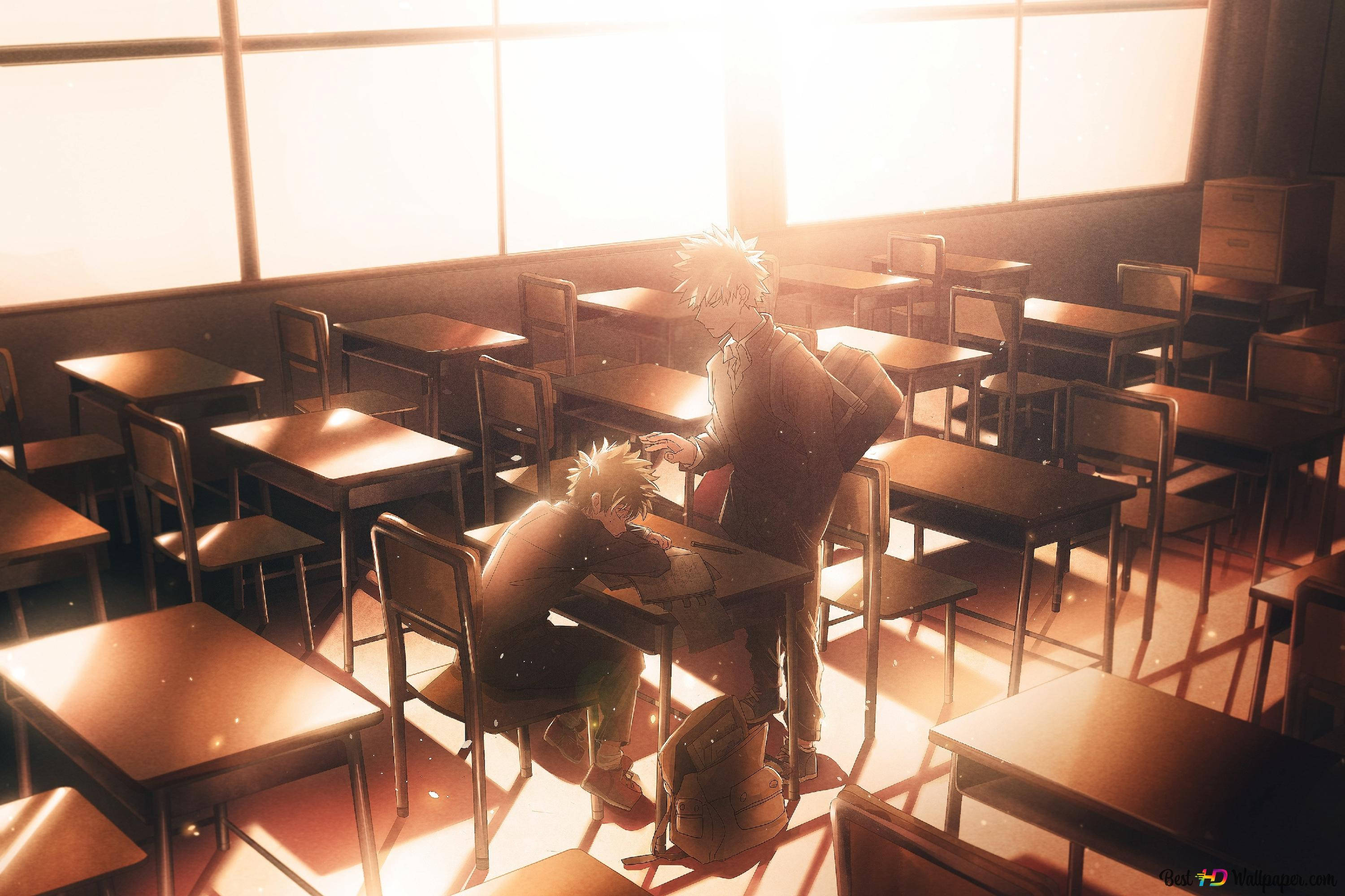 anime classroom, two boys, warm golden sunlight, 2K Desktop Wallpaper
