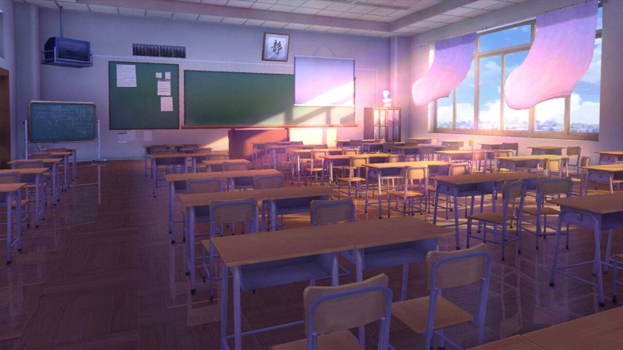 Anime Classroom, flowing curtains, soft purple sunset light, HD Desktop Wallpaper