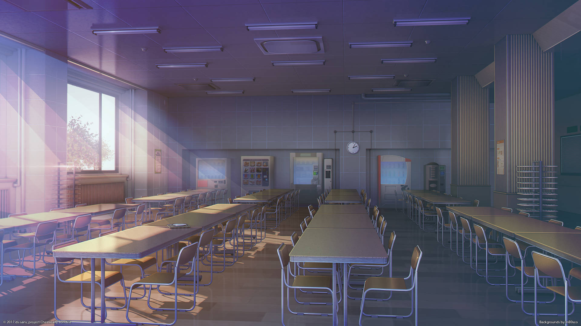 Anime Classroom, long tables, sunlight, Full HD Desktop Wallpaper
