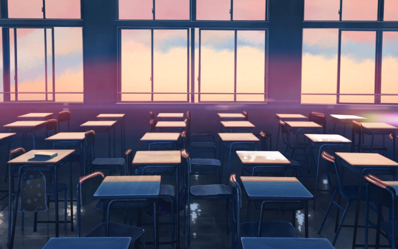 Anime Classroom, sunset lighting, large windows, HD Desktop Wallpaper
