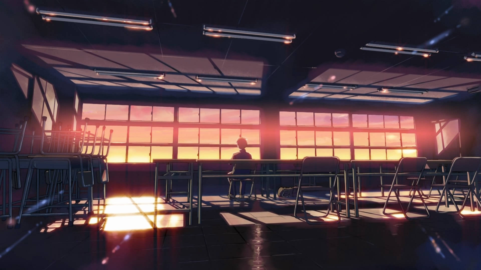 anime classroom, lone figure, empty cafeteria, Full HD Desktop Wallpaper