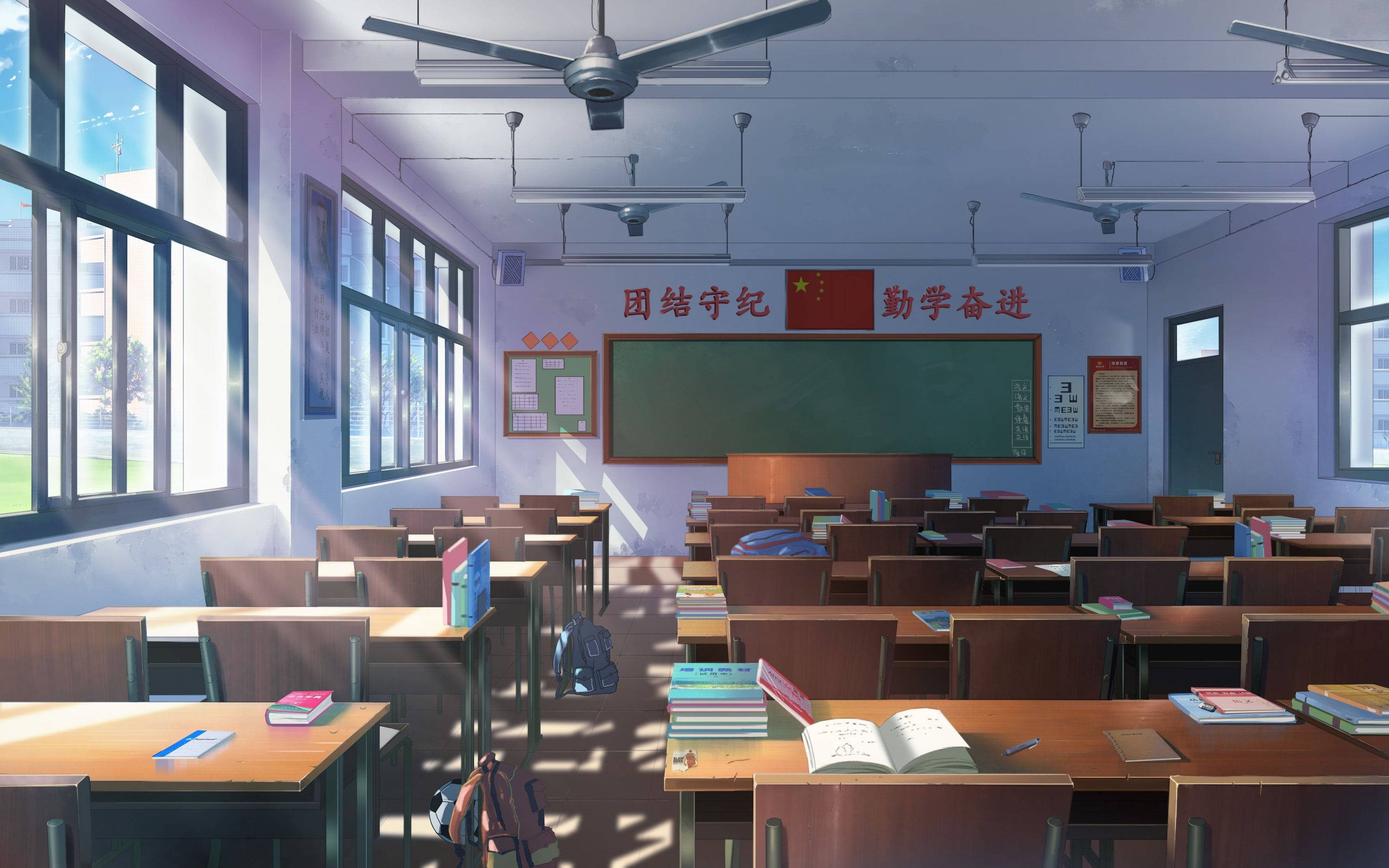 Anime Classroom, ceiling fans, sunlight, 2K Desktop Wallpaper