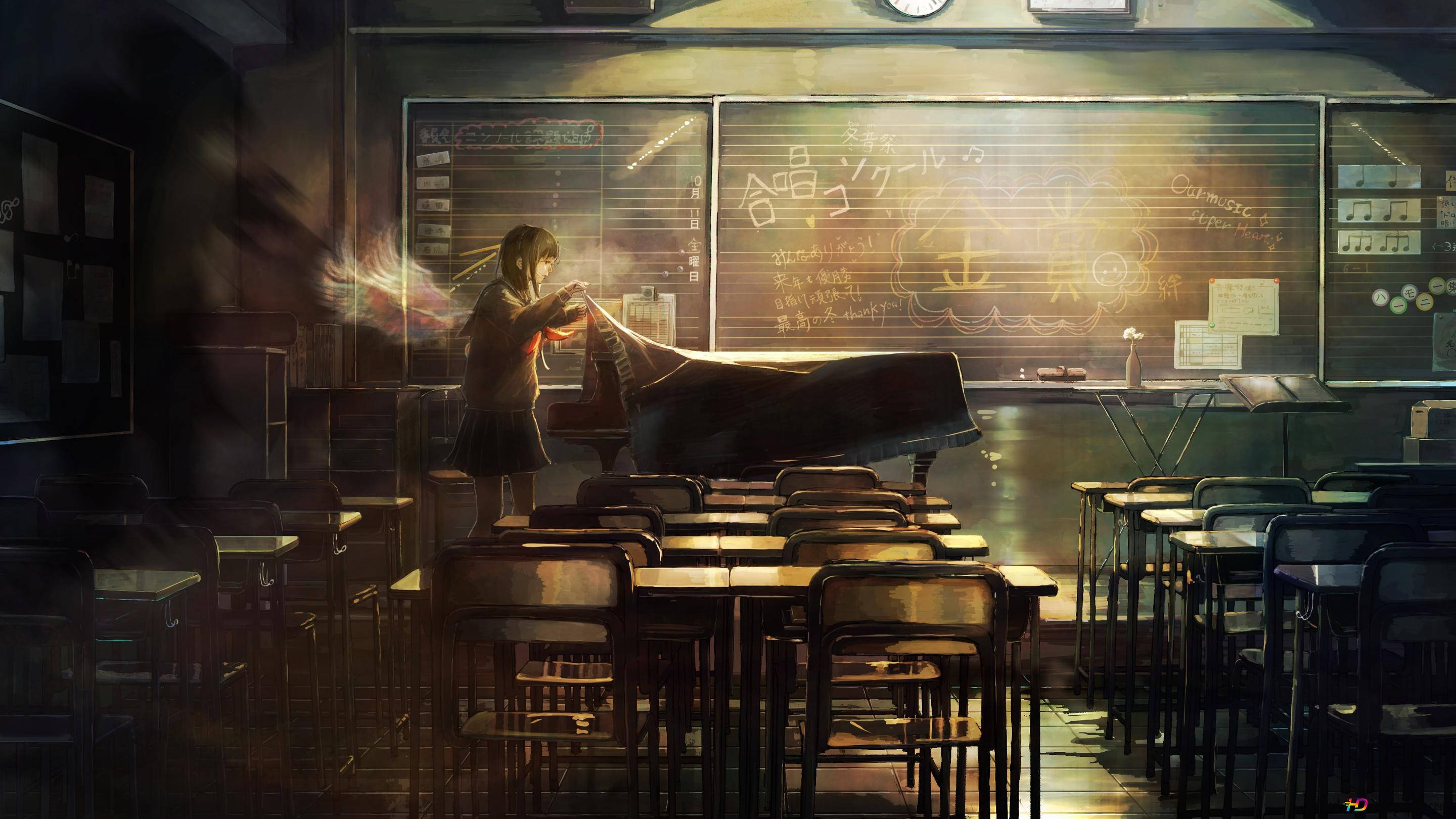 girl, piano, empty classroom, 2K Desktop Wallpaper